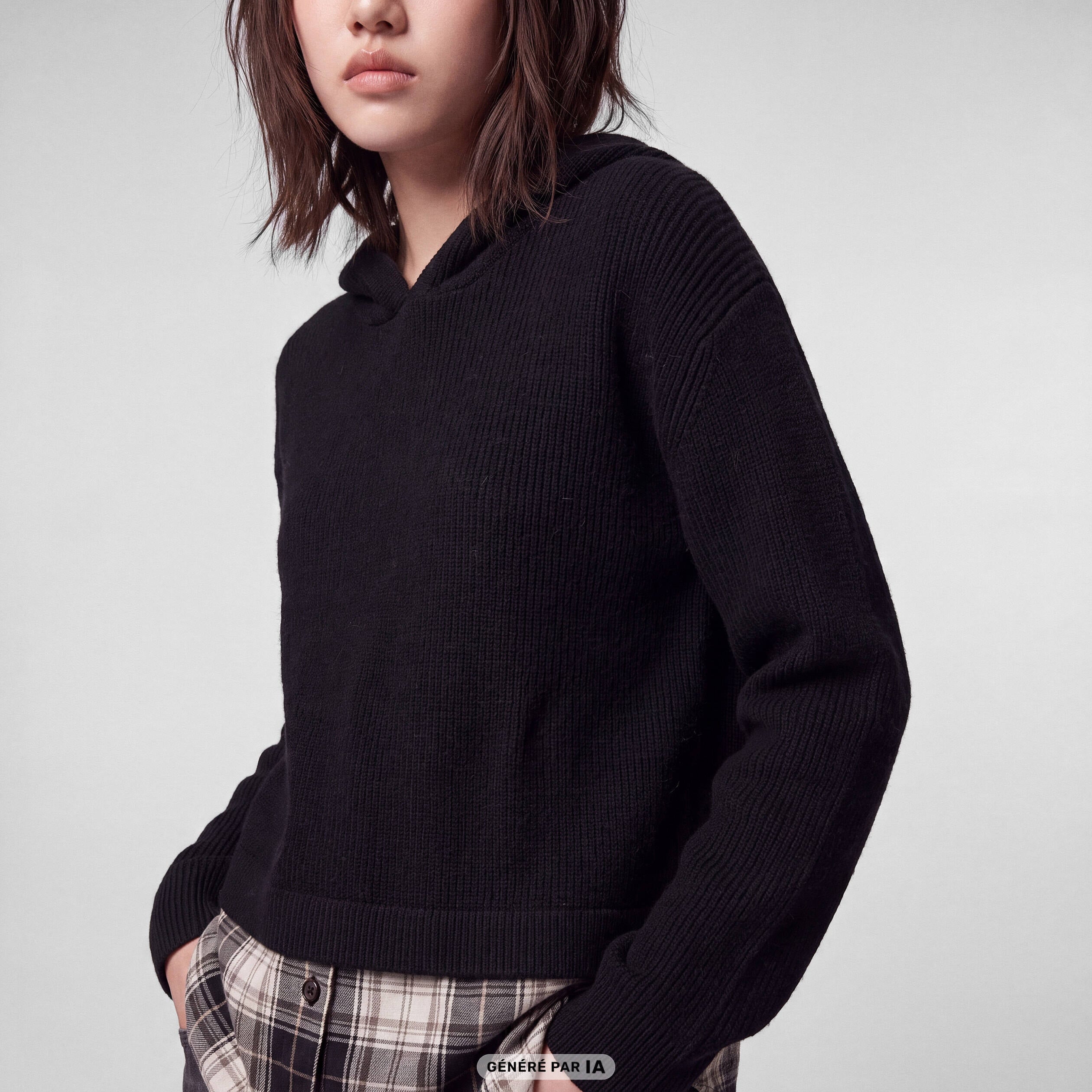 Pull bi-mati&egrave;re &agrave; capuche noir
