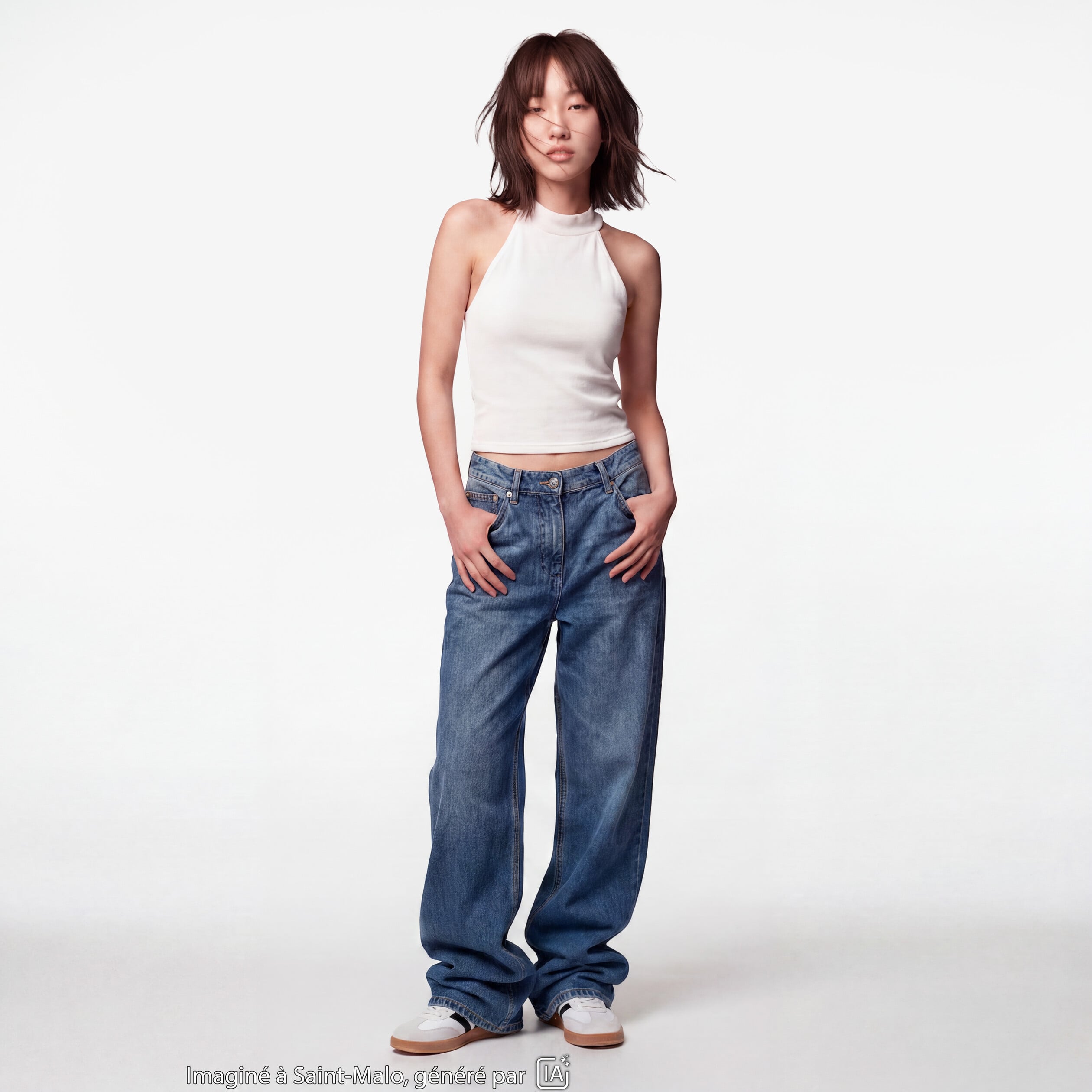 Crop top ajust&eacute; sans manches brillant ecru