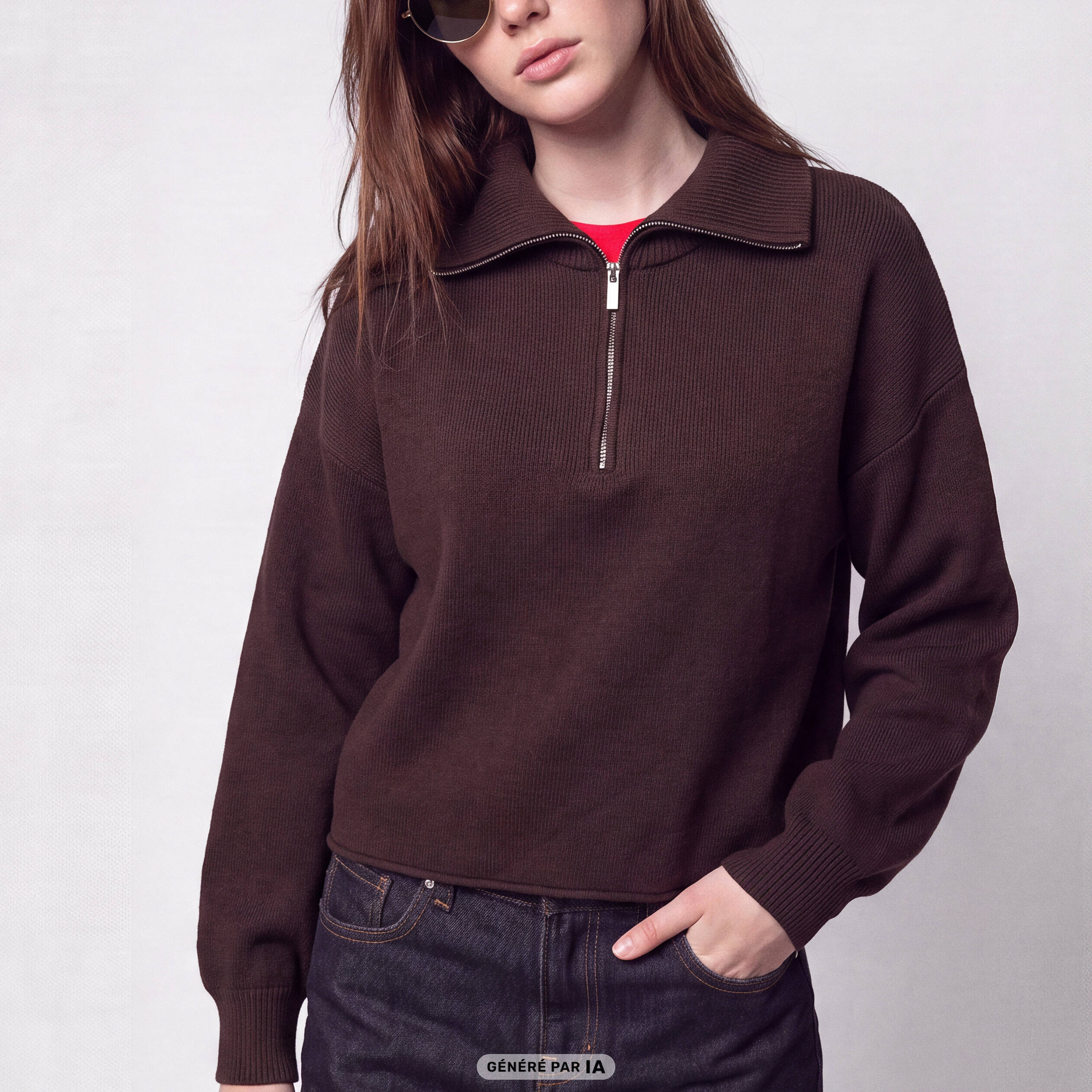 Pull col camionneur manches longues marron fonc&eacute;
