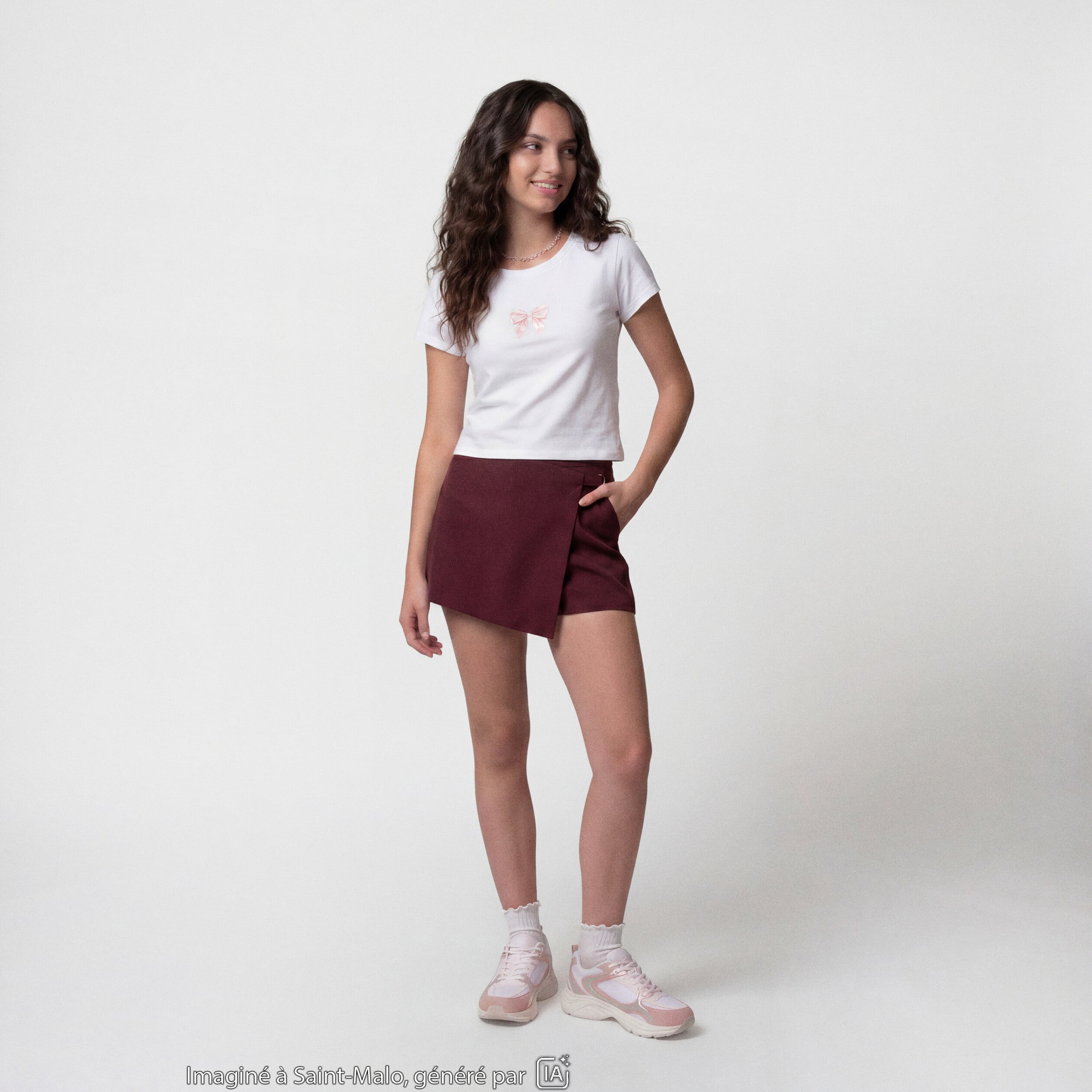 Jupe-short taille haute avec ceinture bordeaux