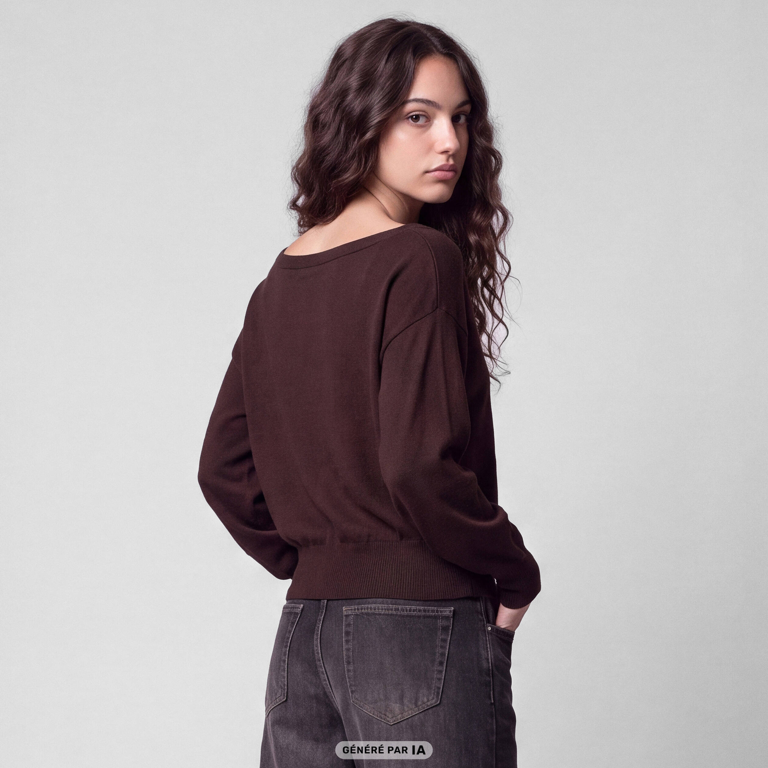Pull oversize col bardot manches longues marron fonc&eacute;