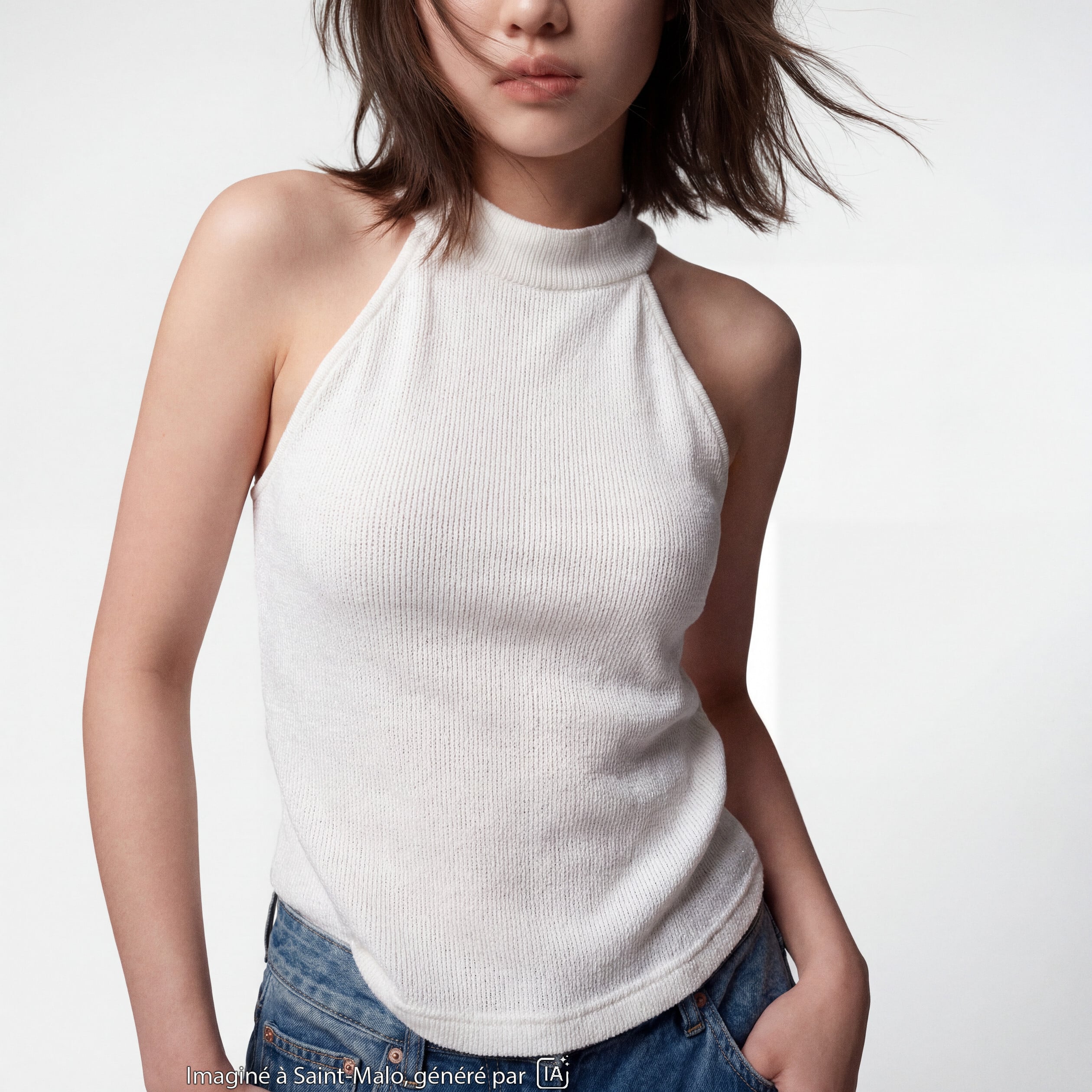 Crop top ajust&eacute; sans manches brillant ecru