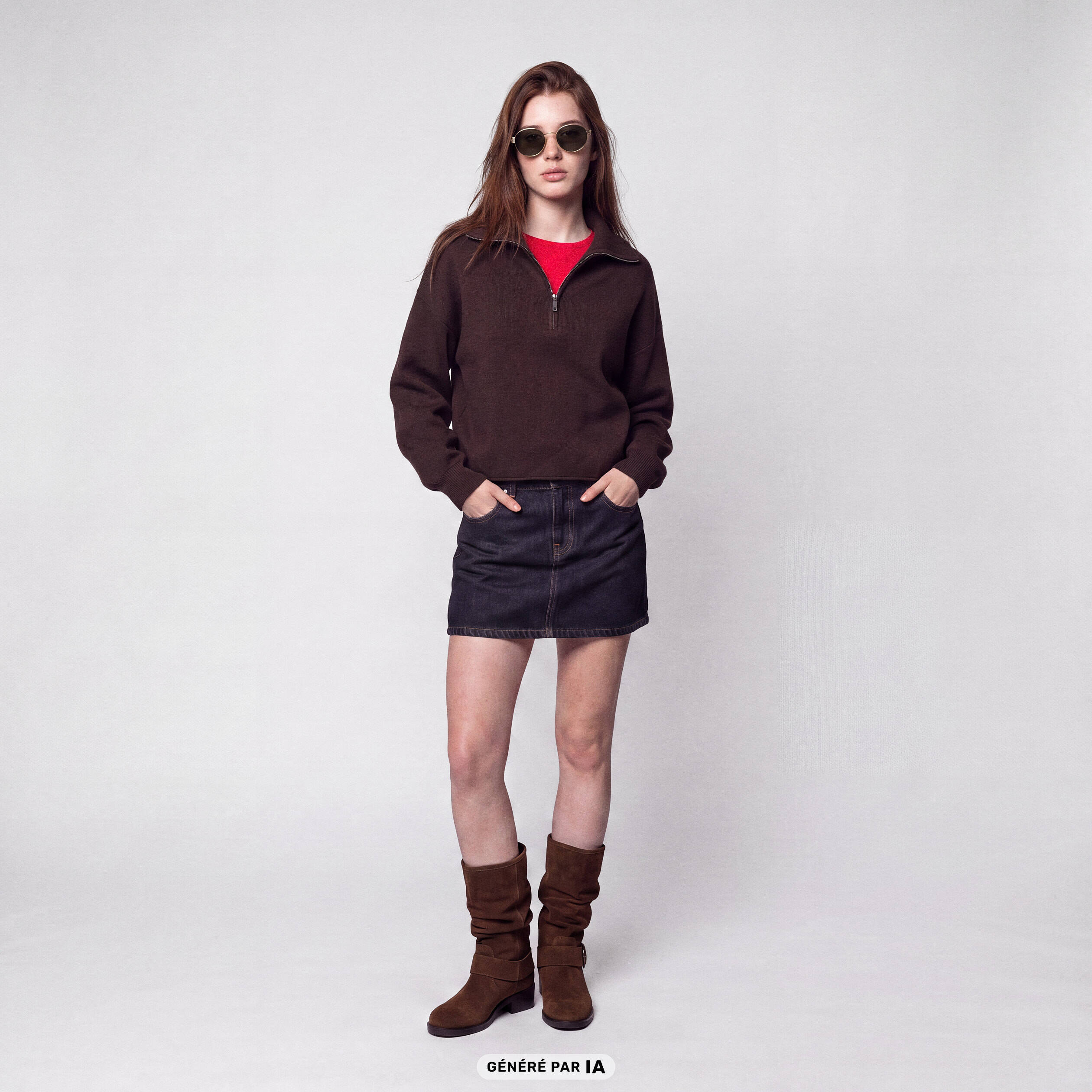 Pull col camionneur manches longues marron fonc&eacute;