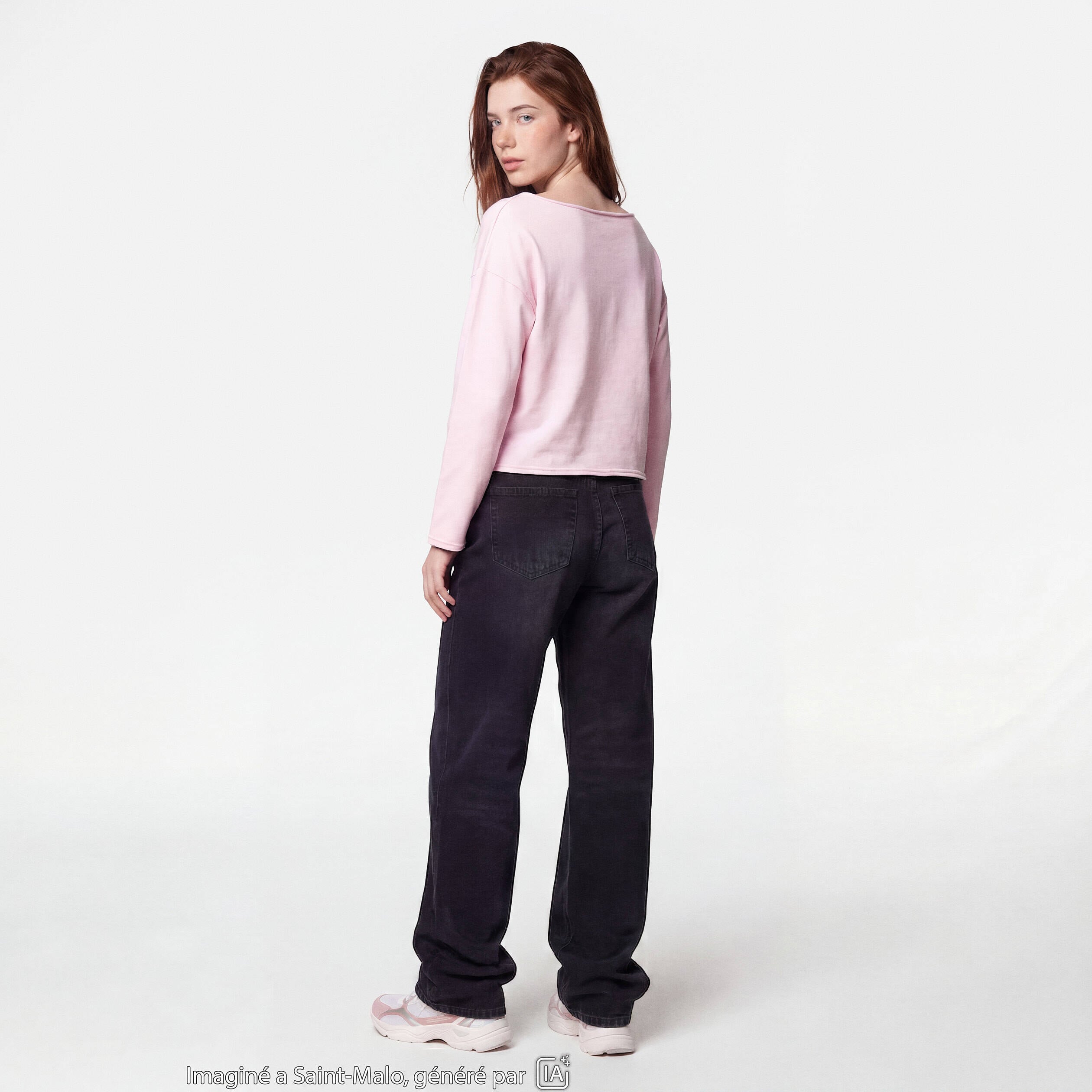 Sweat oversize cropped col bateau rose clair ado