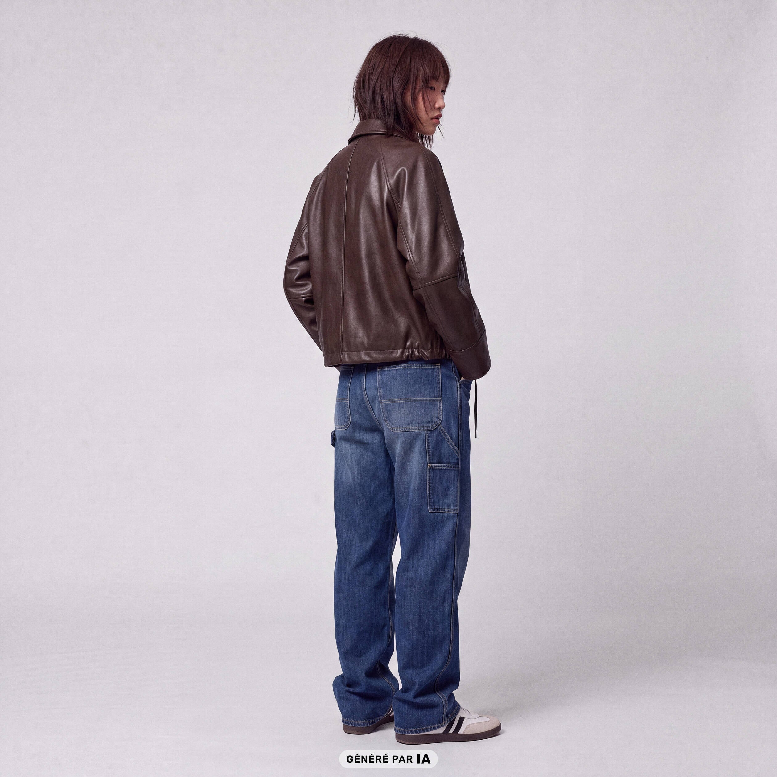 Blouson oversize court similicuir marron fonc&eacute;