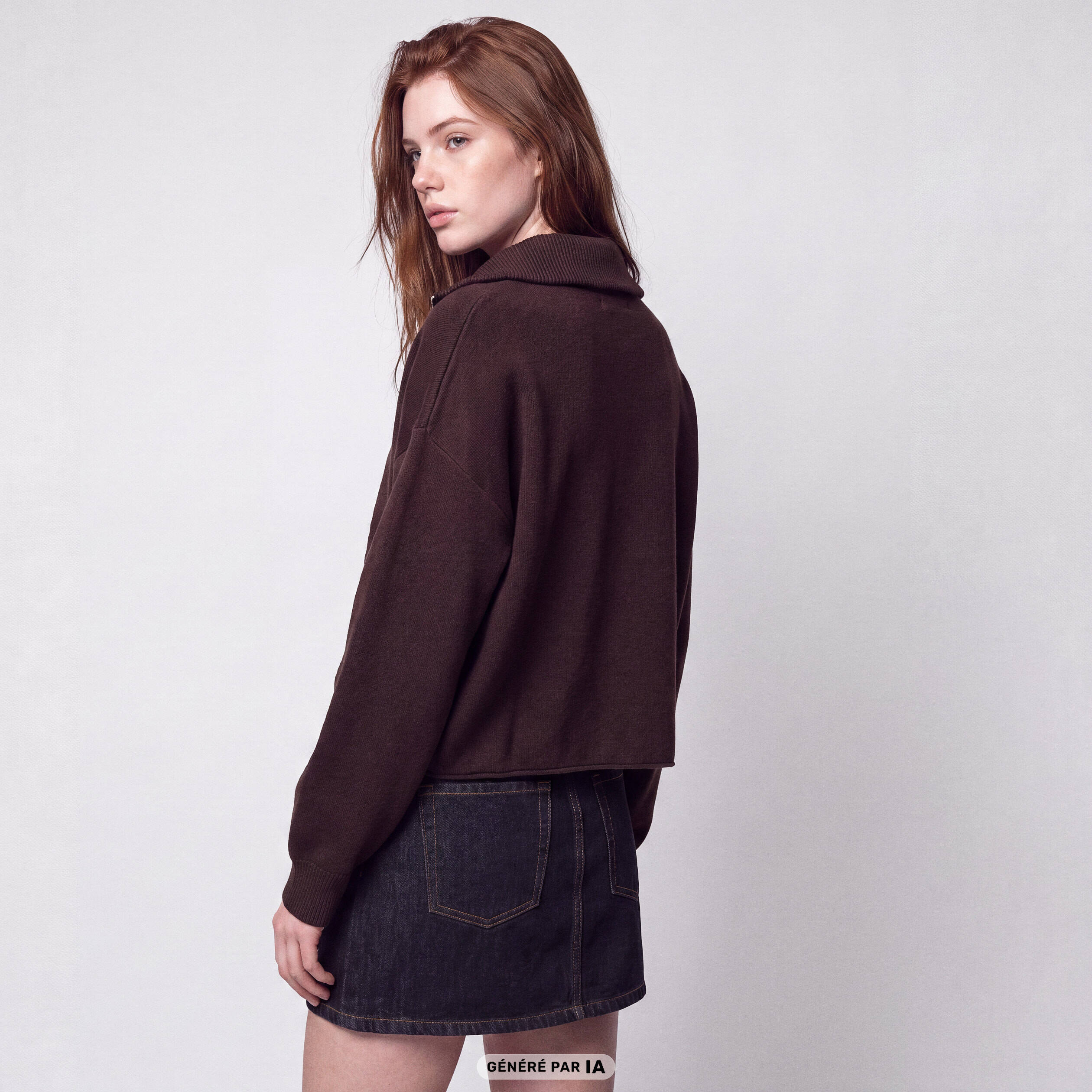 Pull col camionneur manches longues marron fonc&eacute;
