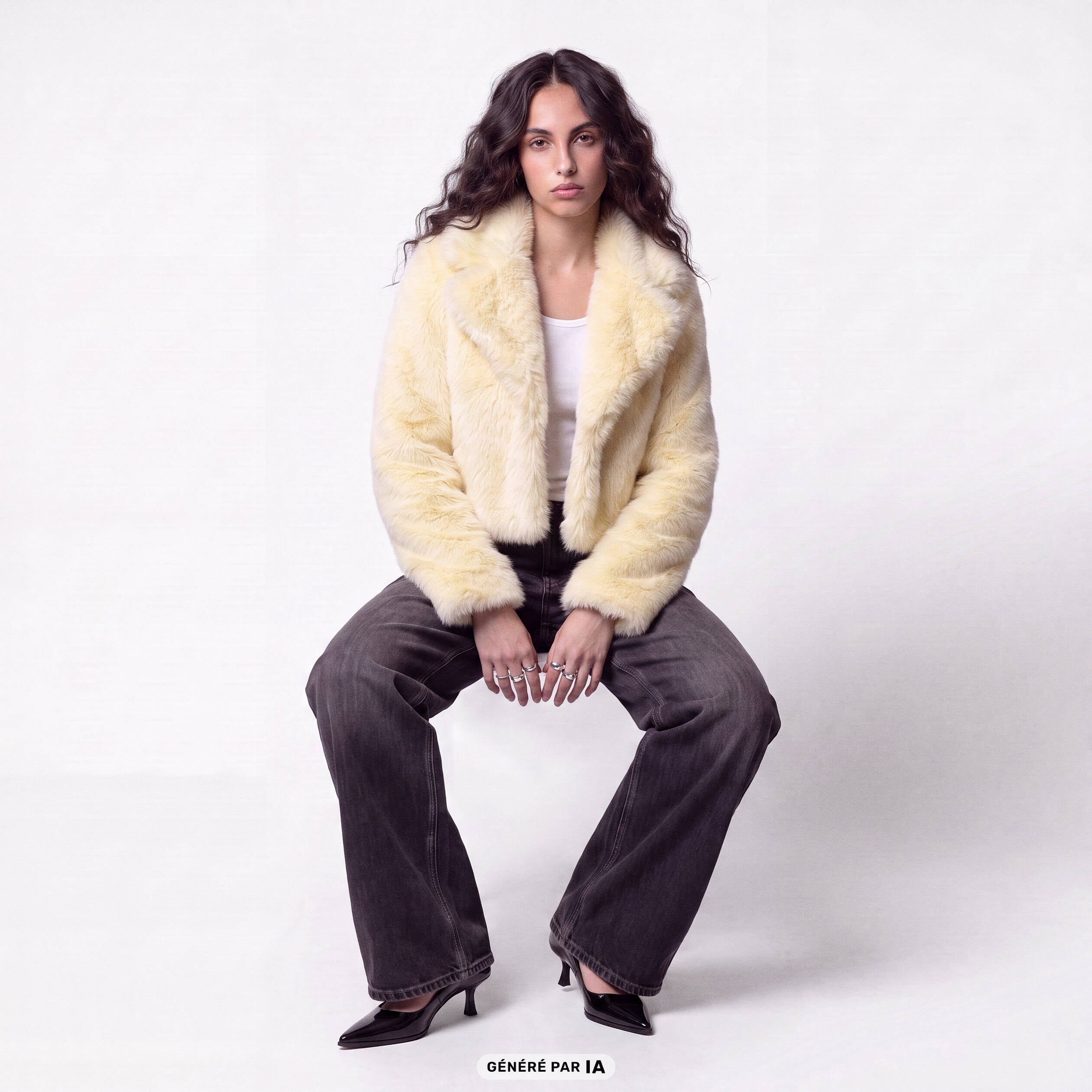 Manteau droit cropped fausse fourrure jaune clair