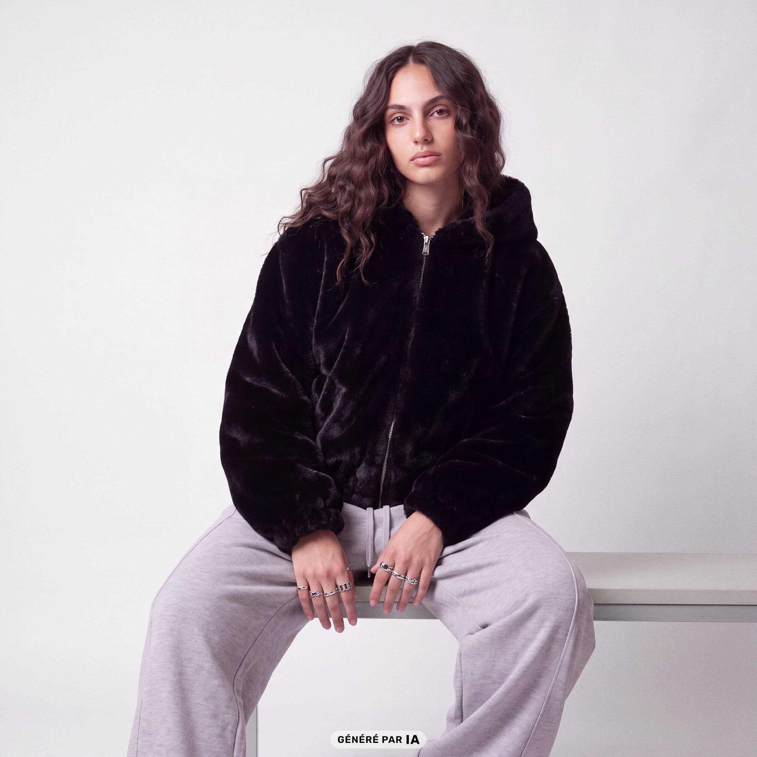 Blouson capuche fausse fourrure noir