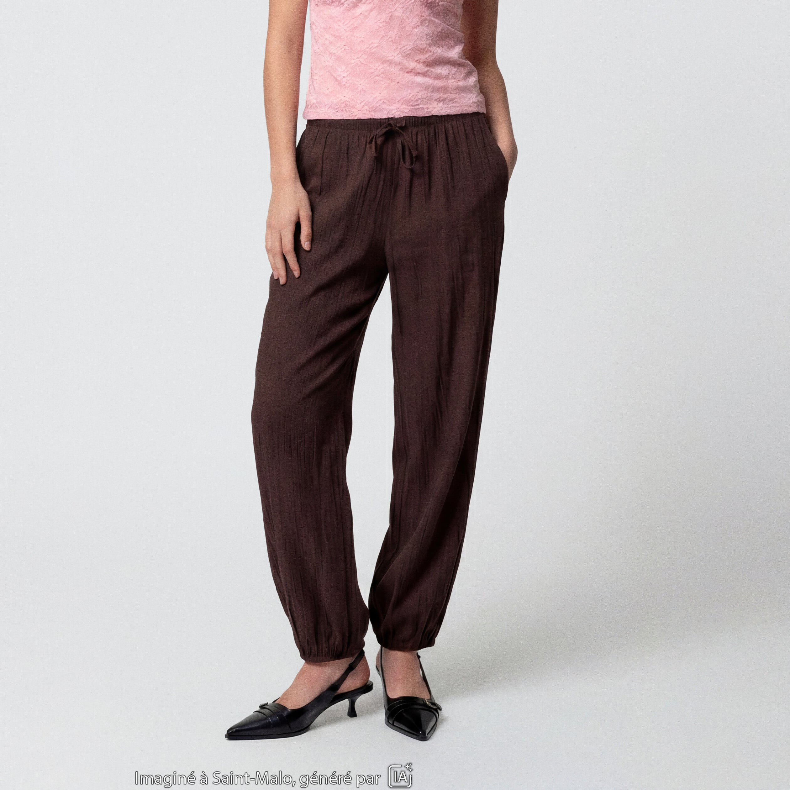 Pantalon large en cr&ecirc;pe taille standard marron fonc&eacute;