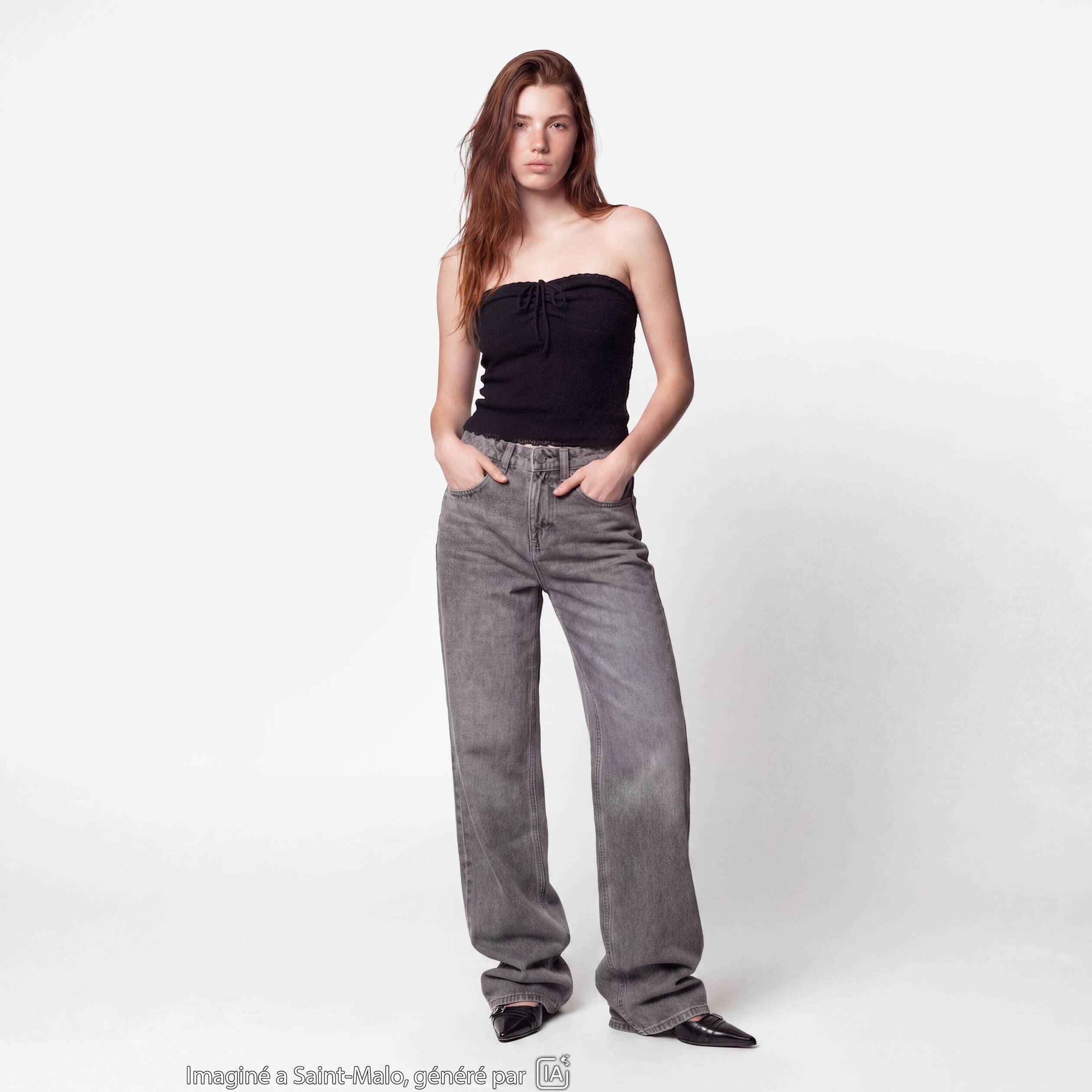 Jean regular taille haute denim gris ado
