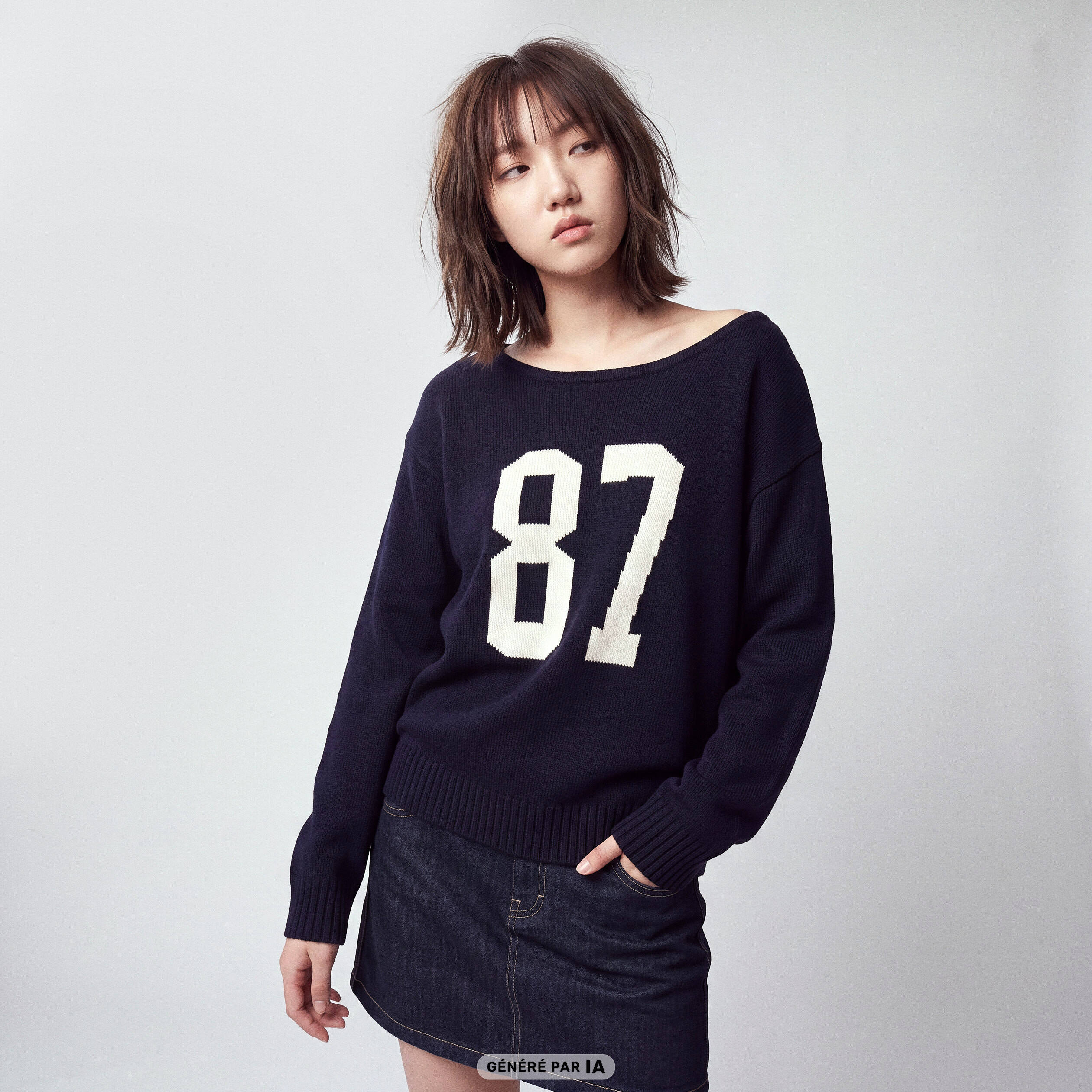 Pull col bateau manches longues bleu marine