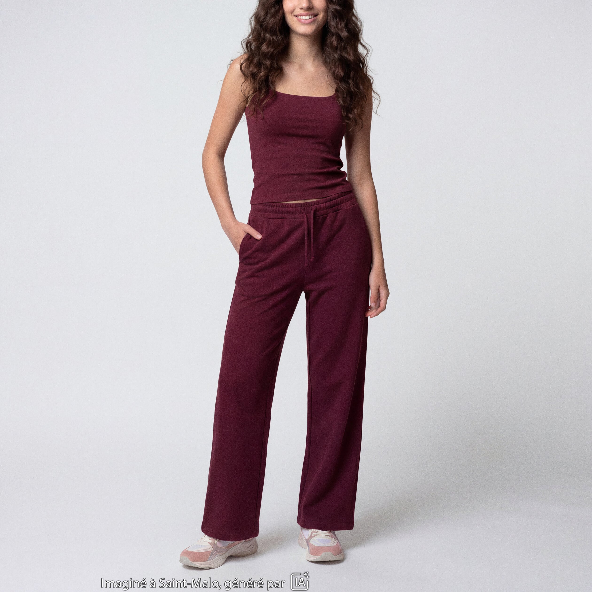 Jogging large en maille bordeaux