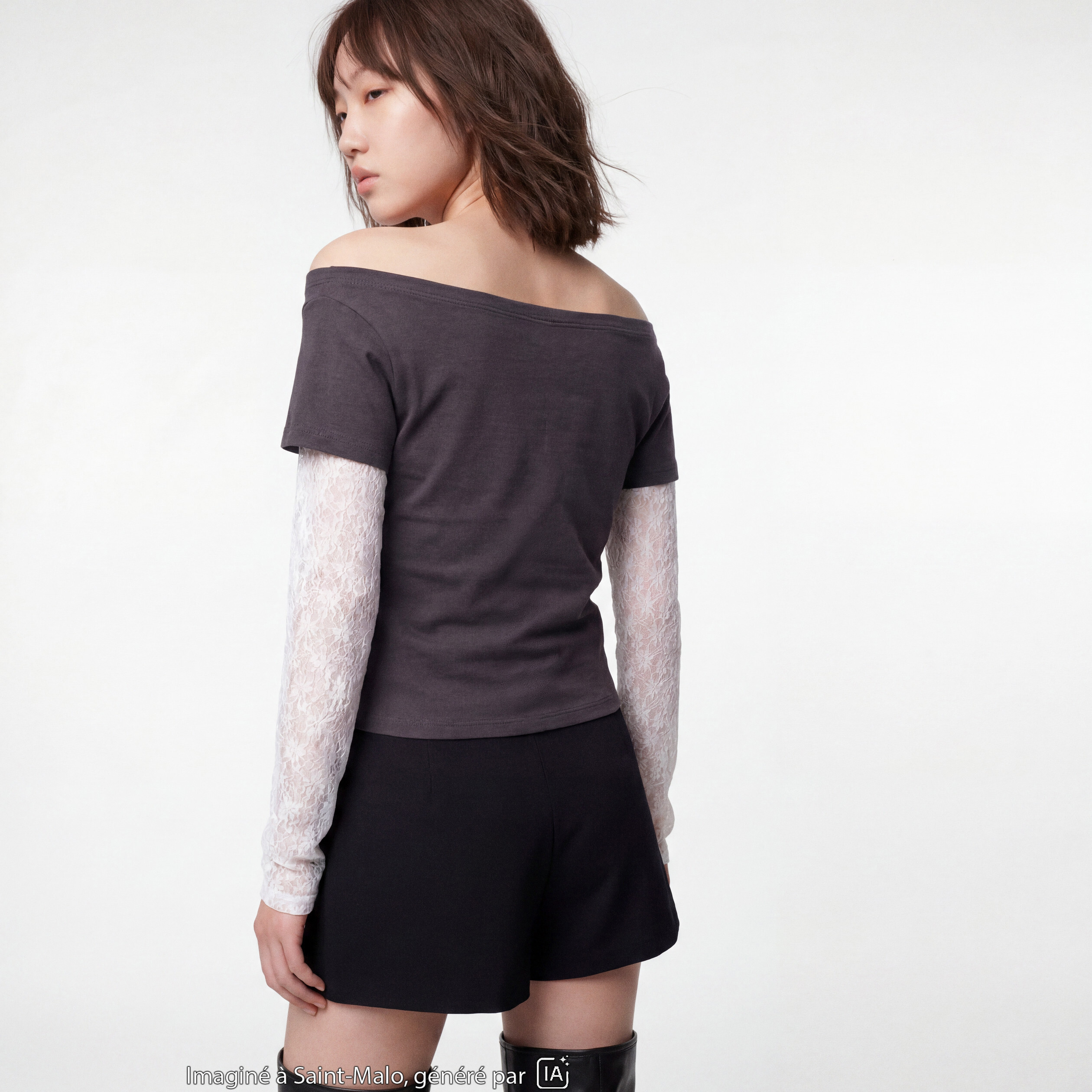 Haut double col bateau manches longues gris