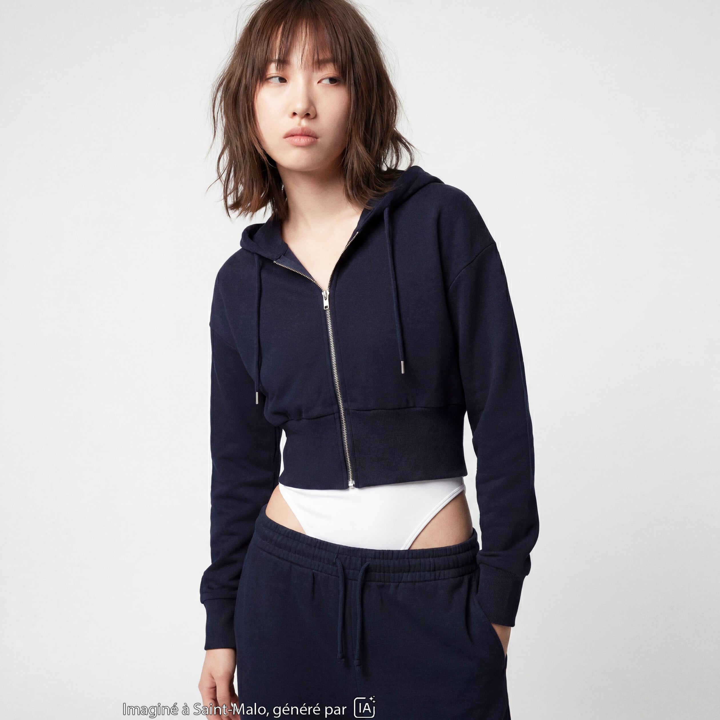 Sweat ajust&eacute; cropped &agrave; capuche bleu marine