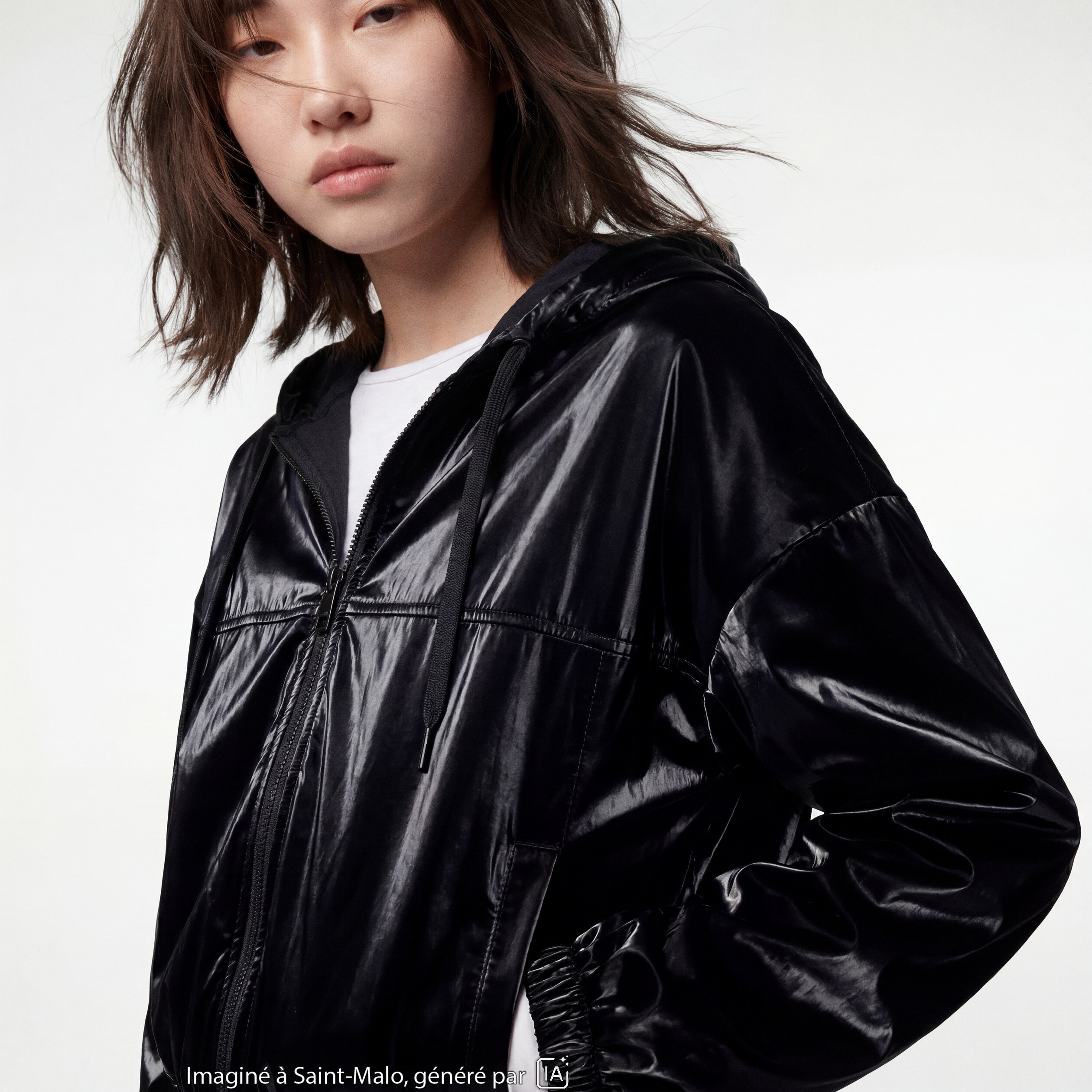 Blouson droit cropped &agrave; capuche velours noir