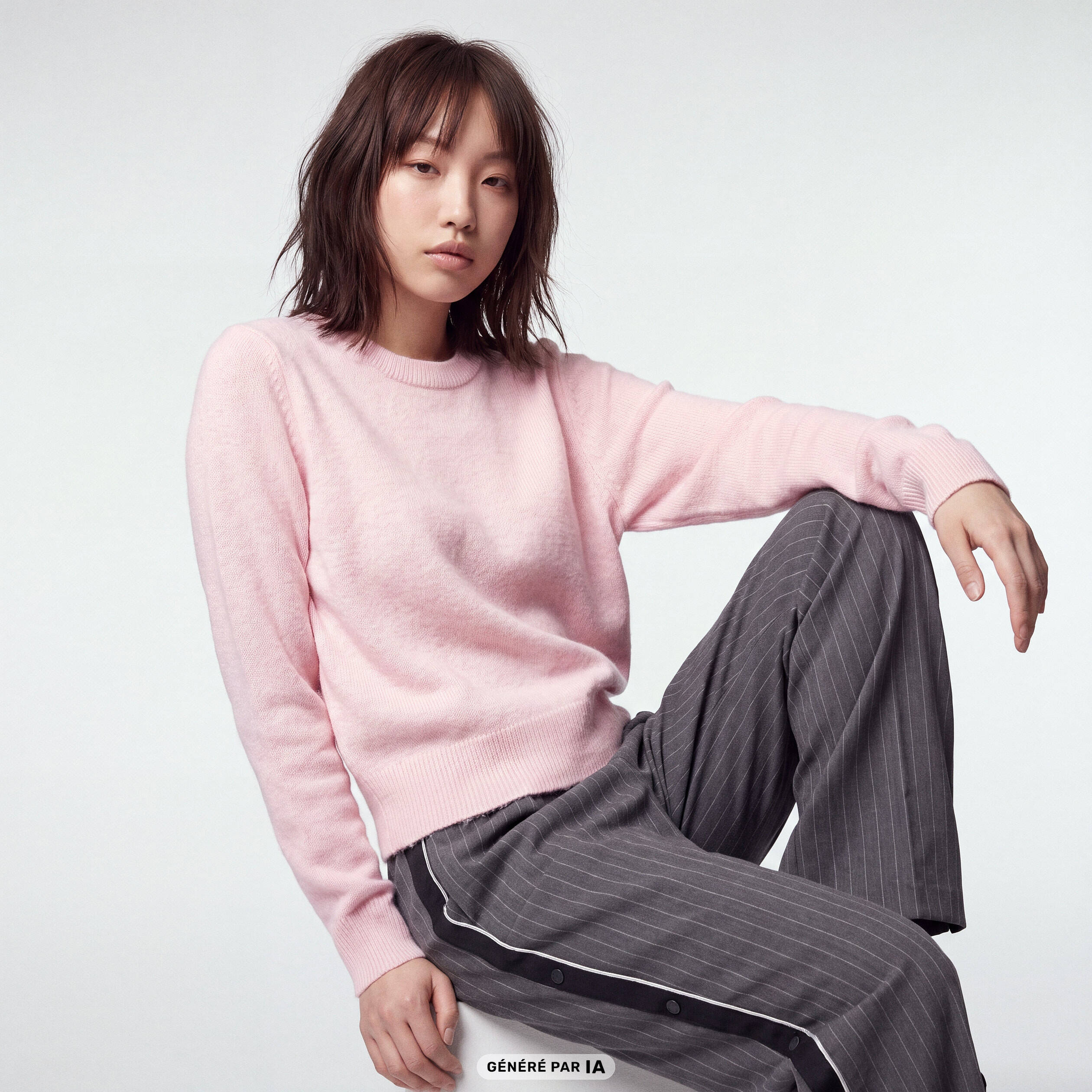 Pull col rond manches longues rose clair