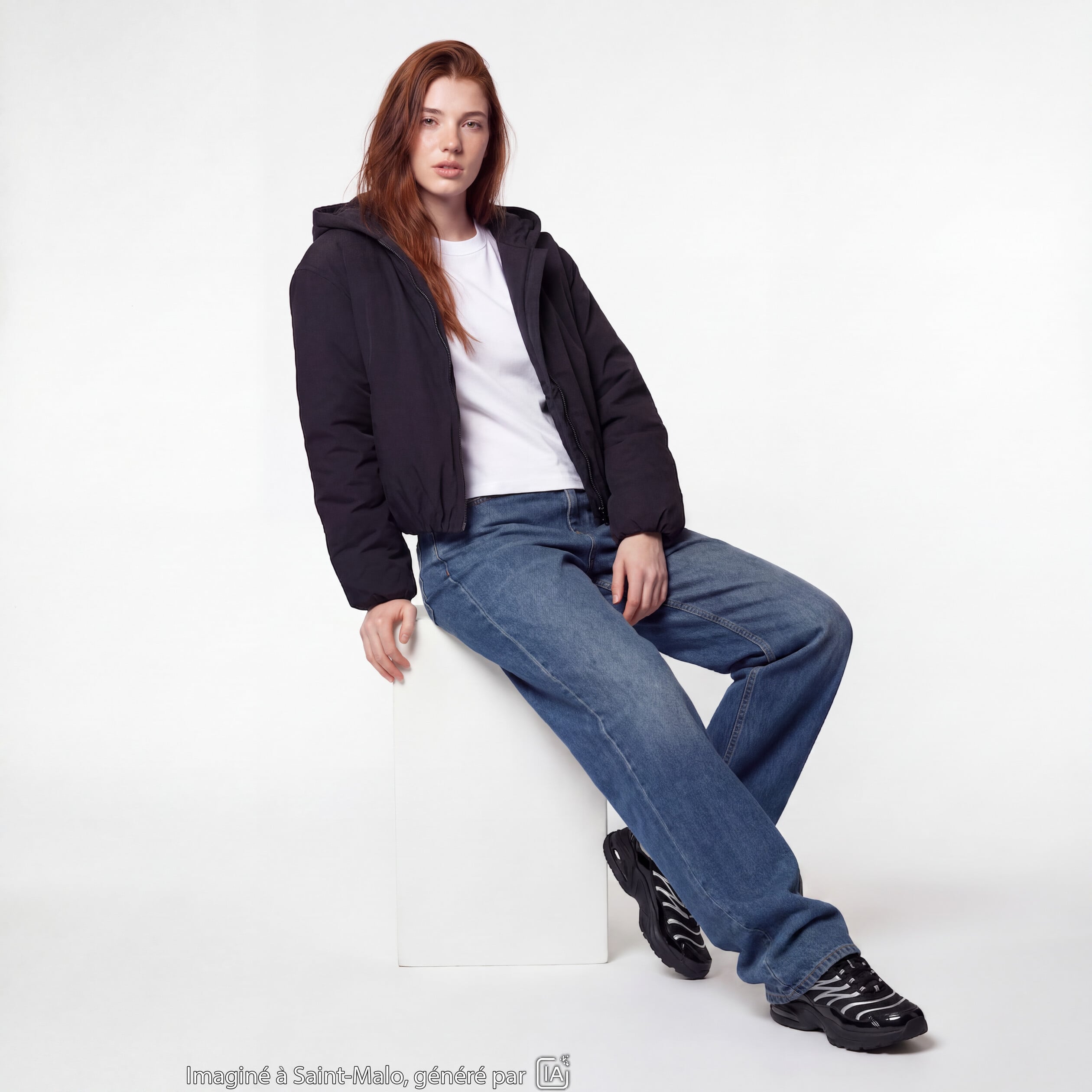 Blouson cropped &agrave; capuche bas resserr&eacute; noir