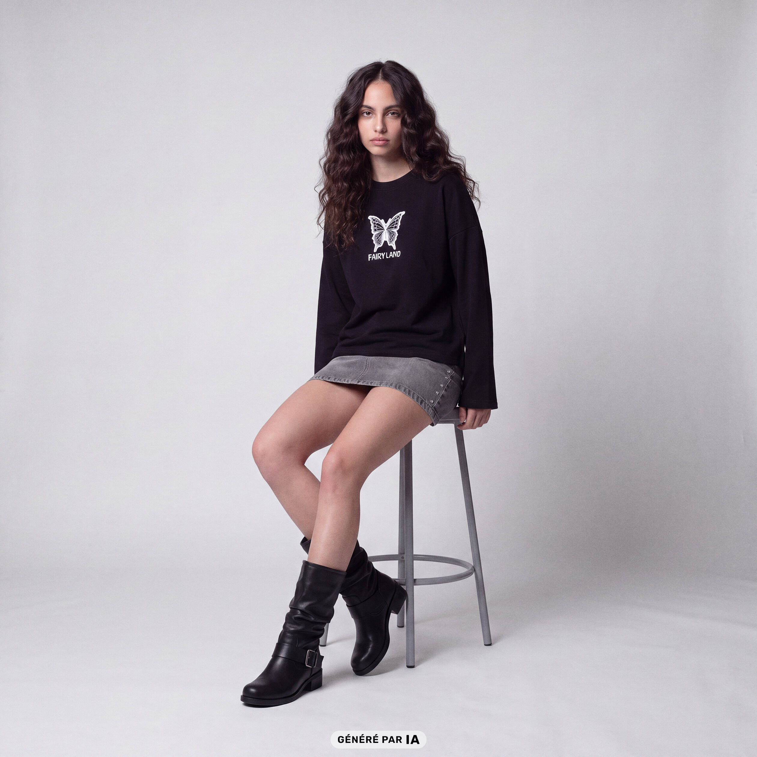 T-shirt ample col rond manches longues noir