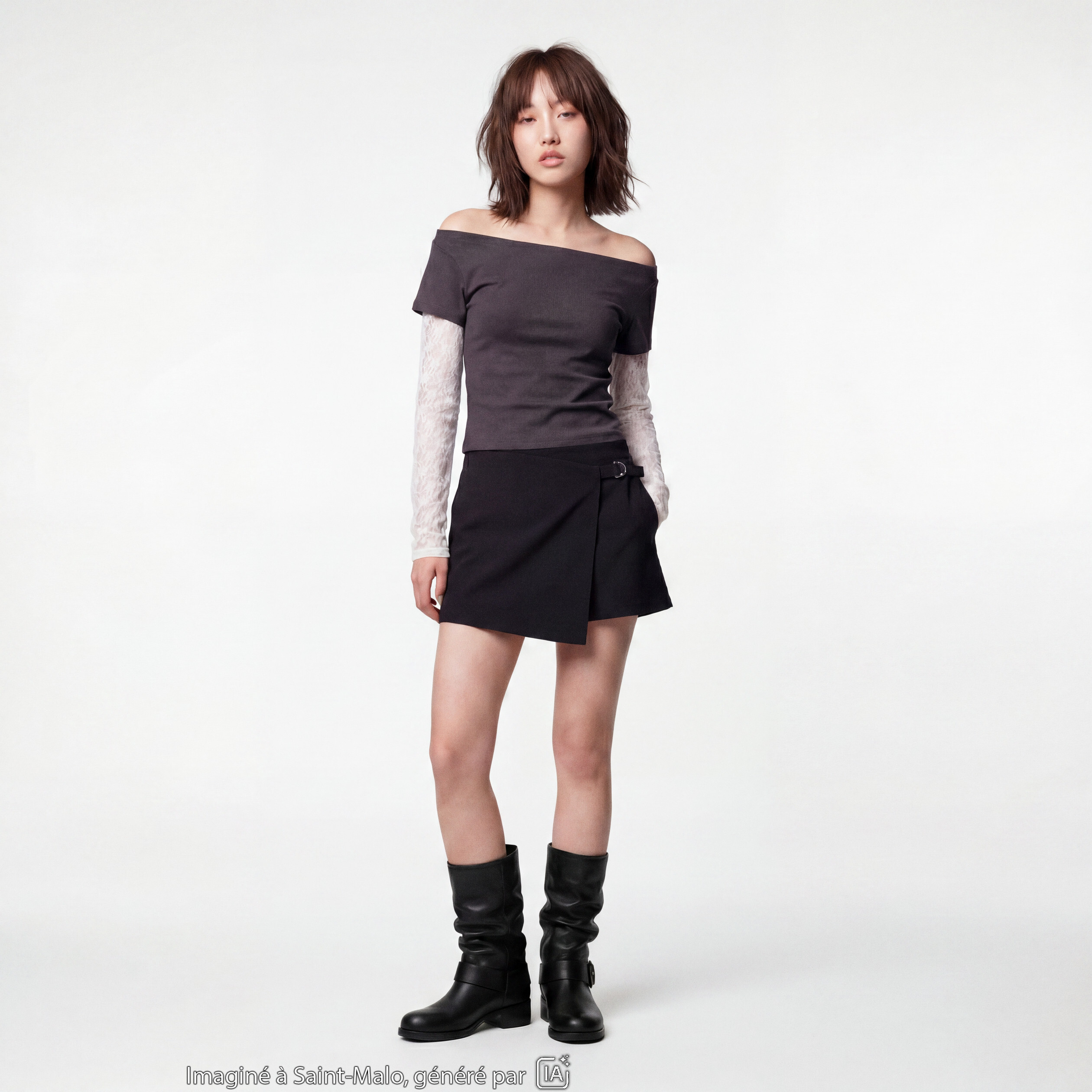 Haut double col bateau manches longues gris