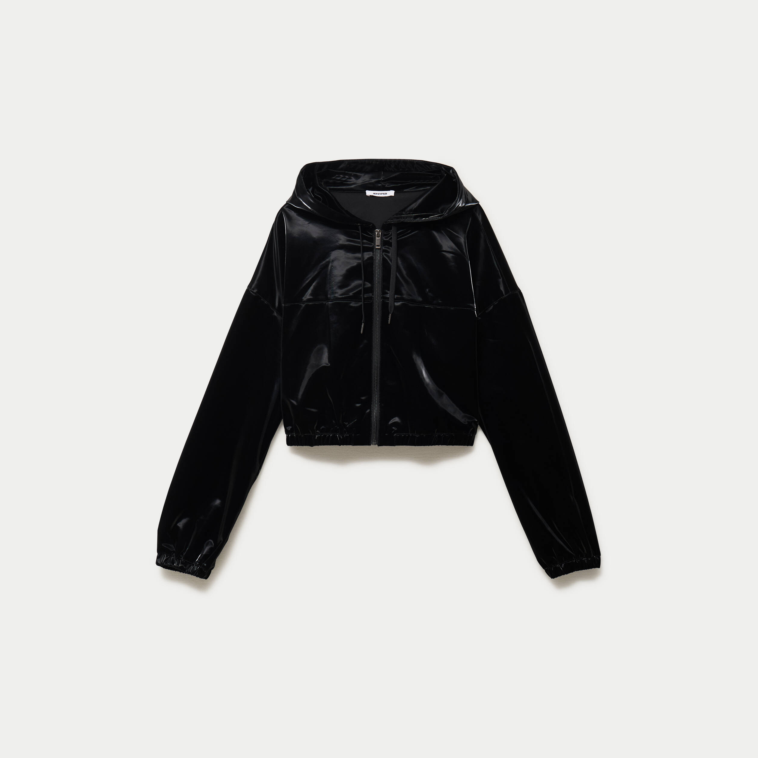 Blouson droit cropped &agrave; capuche velours noir