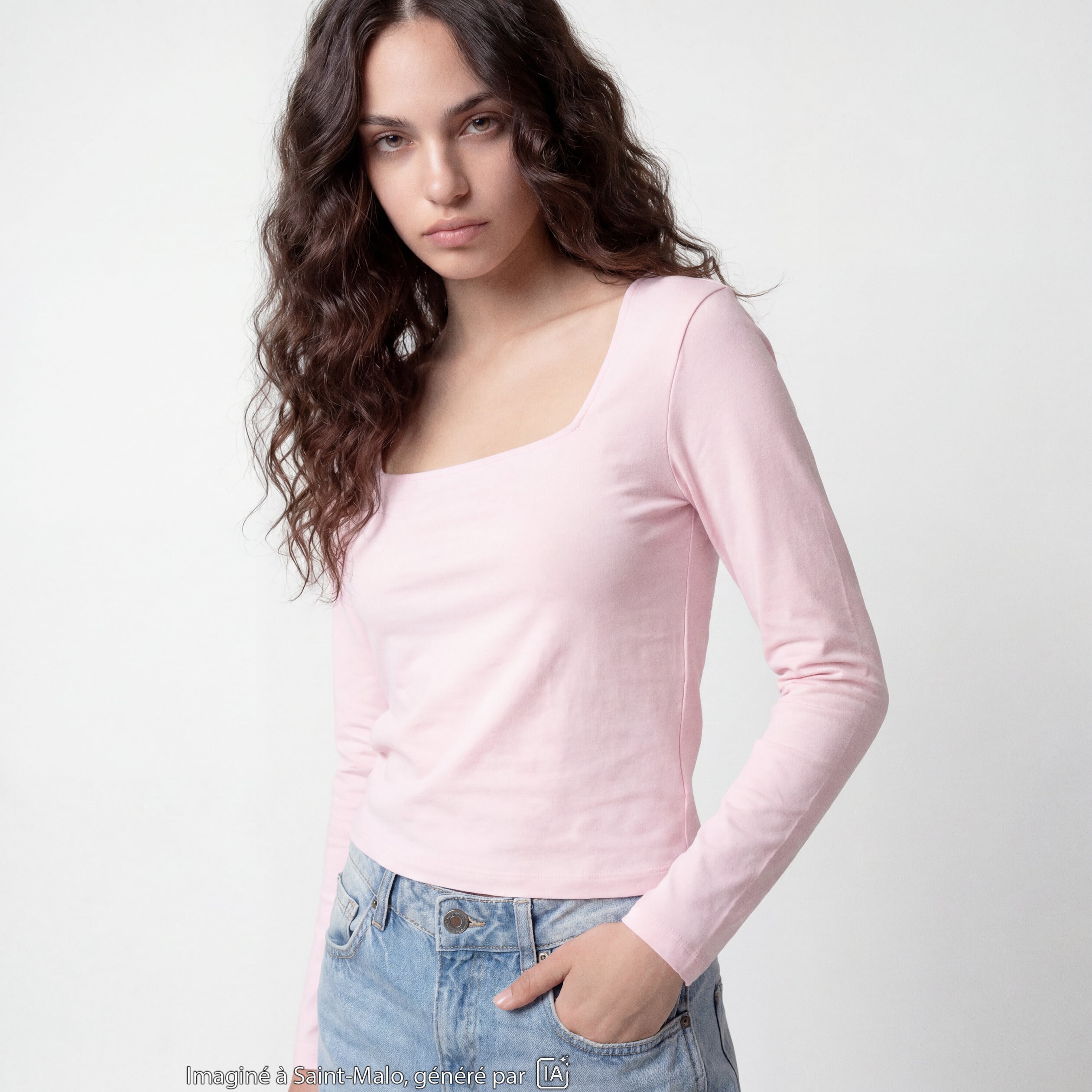T-shirt ajust&eacute; d&eacute;collet&eacute; manches longues rose clair