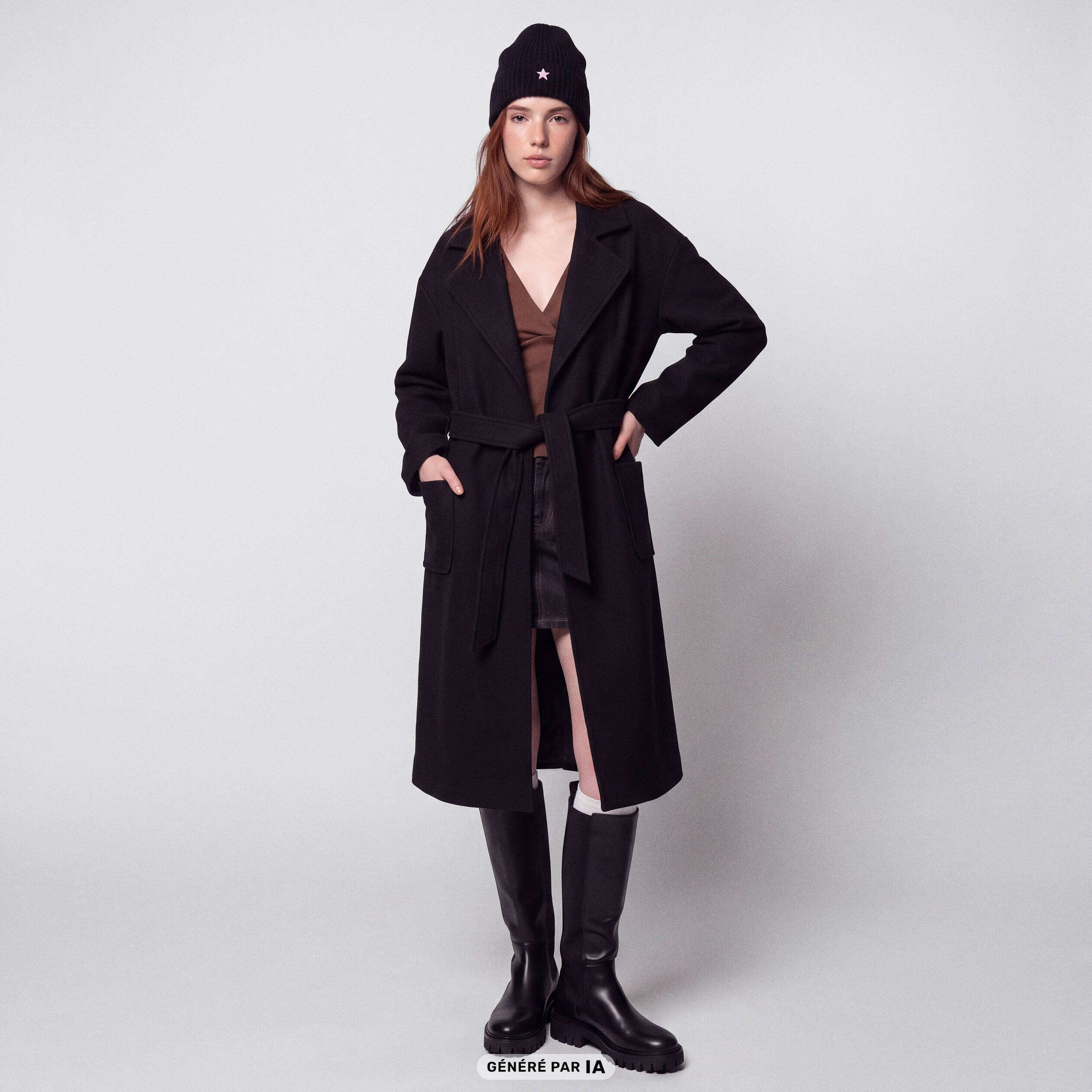 Trench oversize 3/4 col &agrave; pans noir