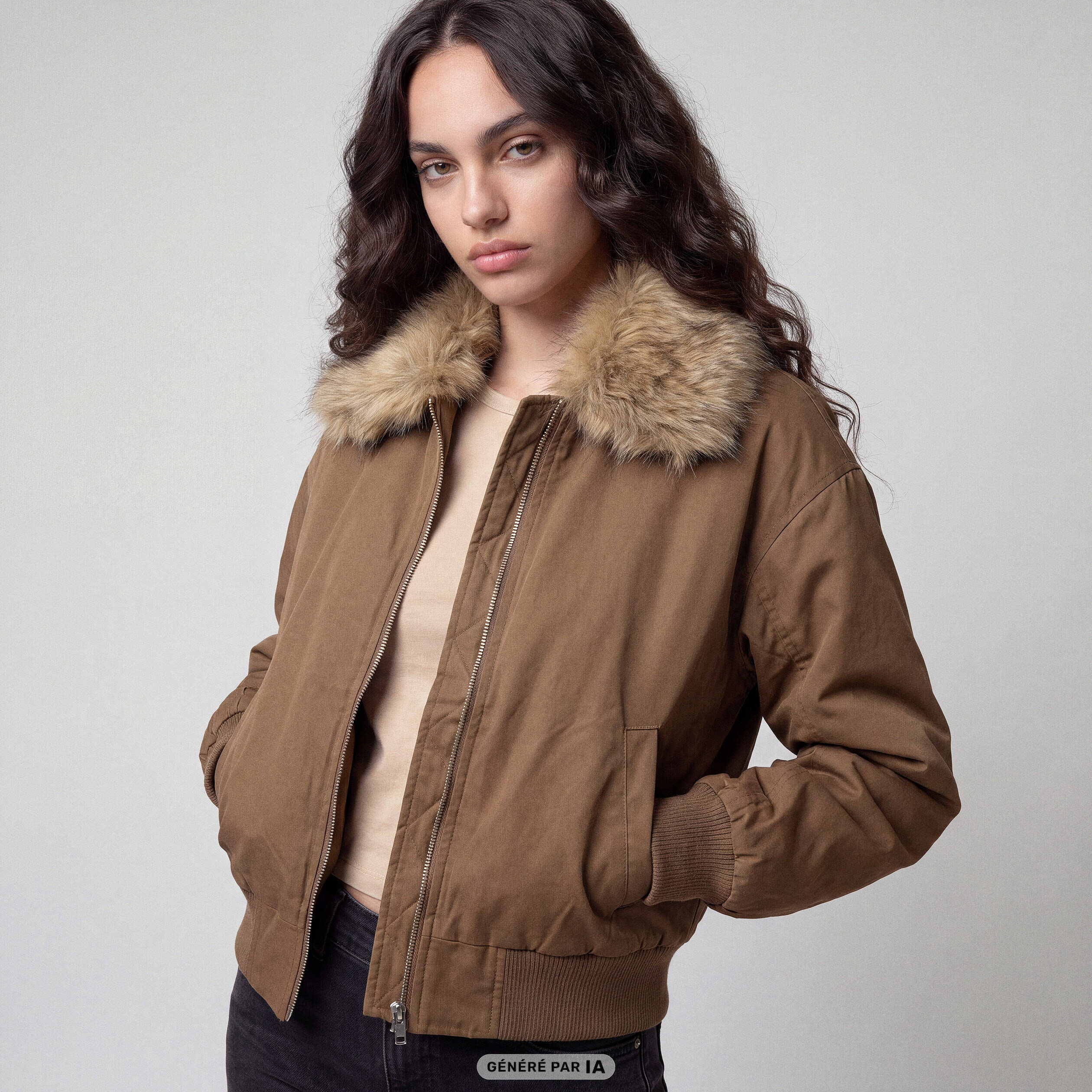 Bomber oversize court fausse fourrure taupe