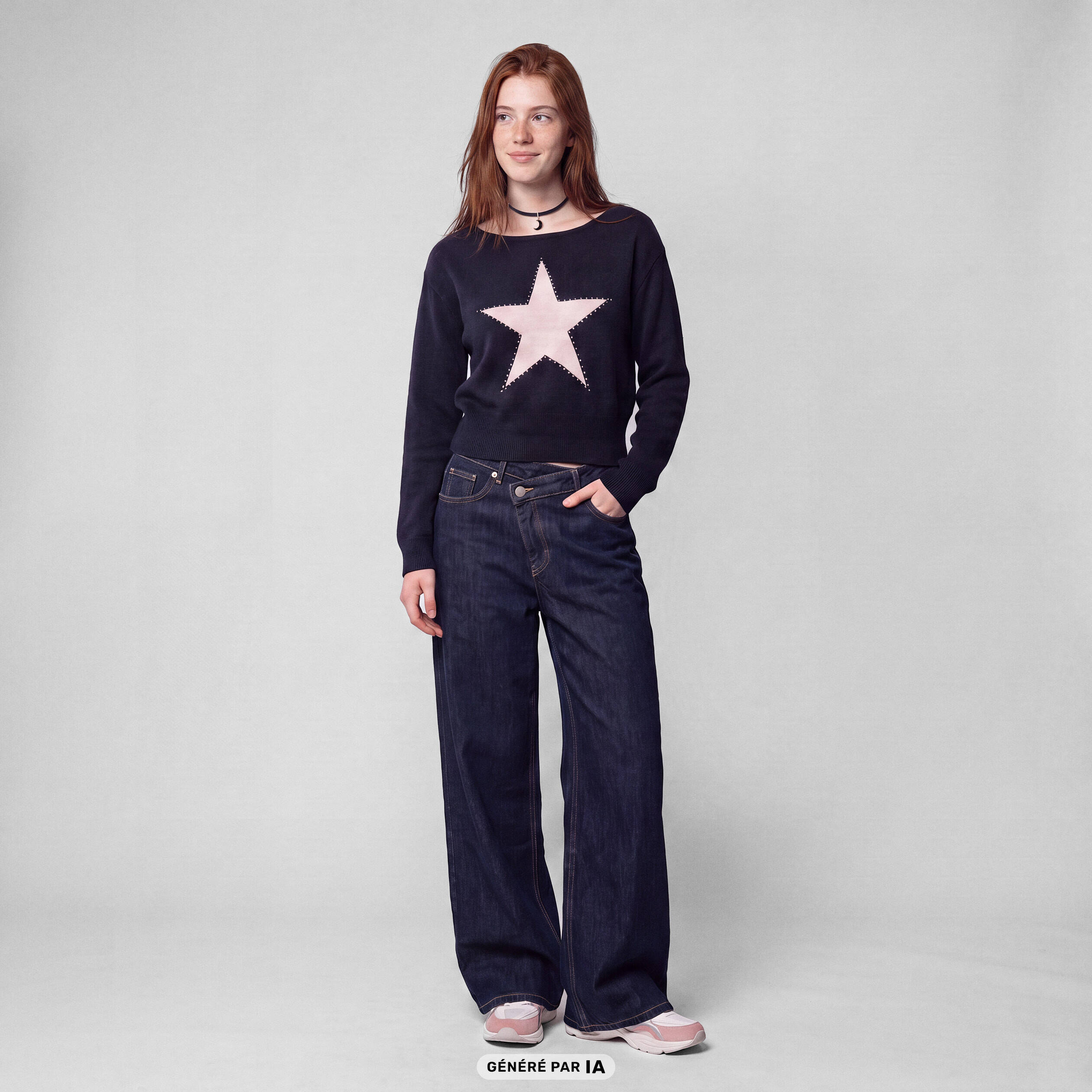Pull col bateau manches longues strass bleu marine