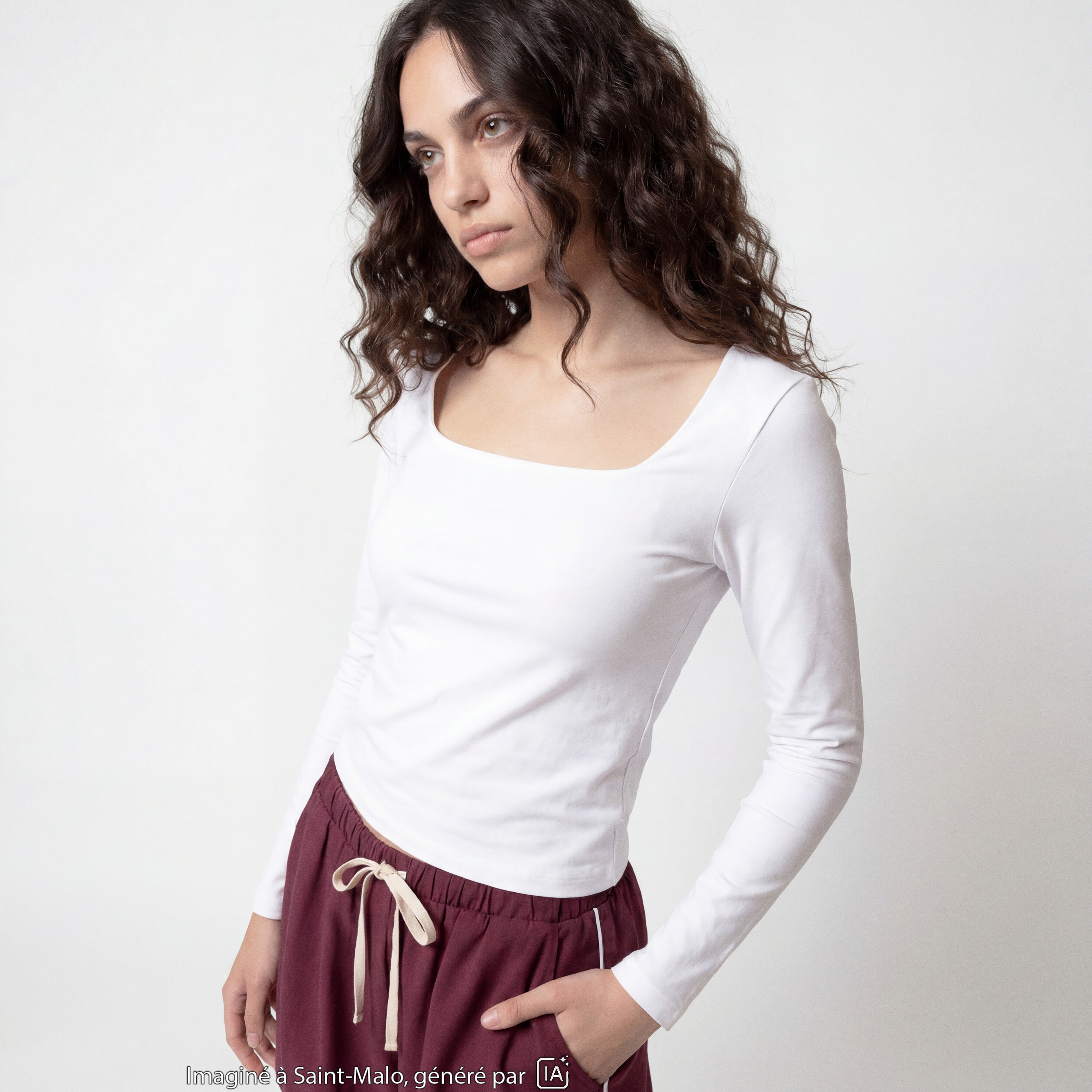 T-shirt ajust&eacute; d&eacute;collet&eacute; manches longues blanc