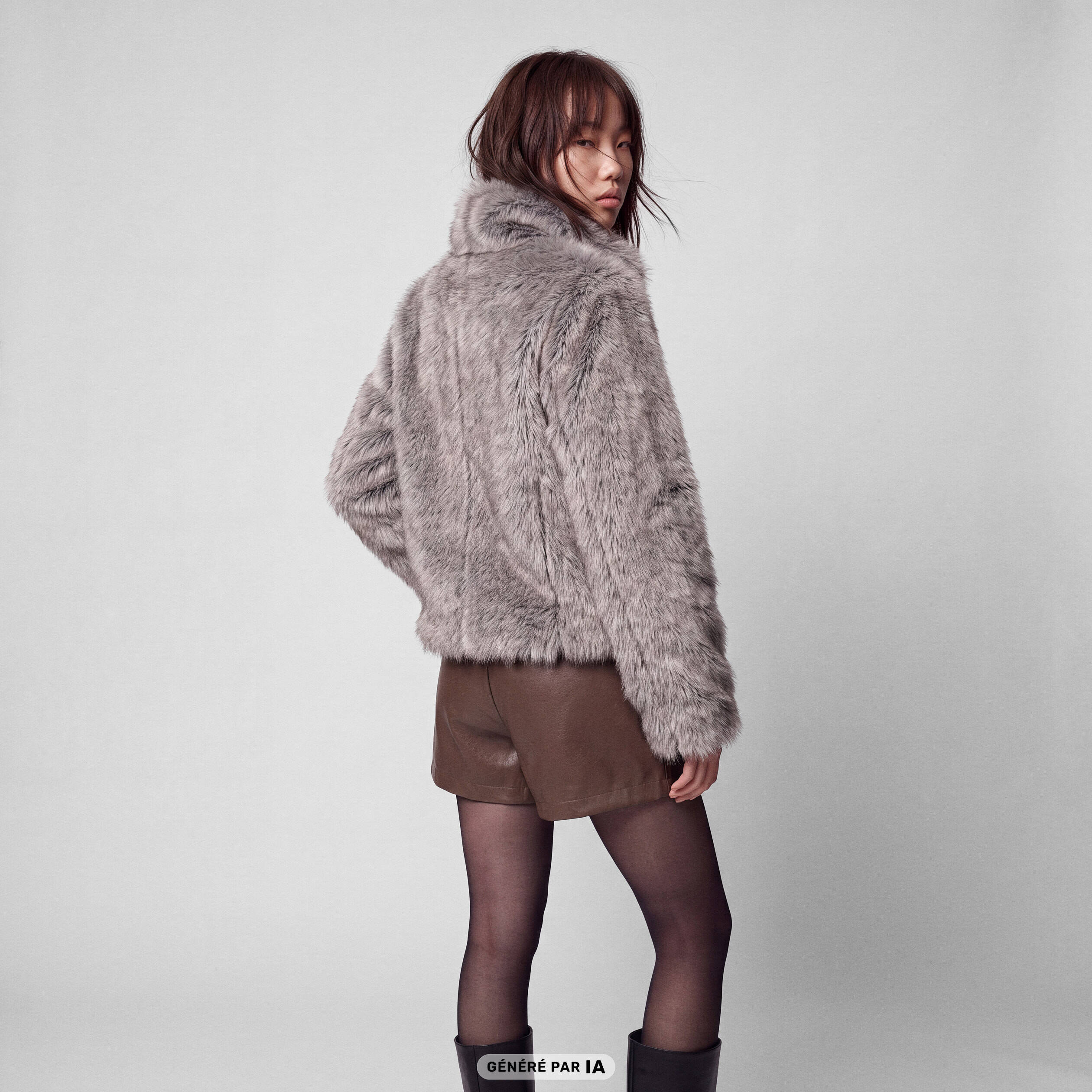 Manteau droit court fausse fourrure bleu gris