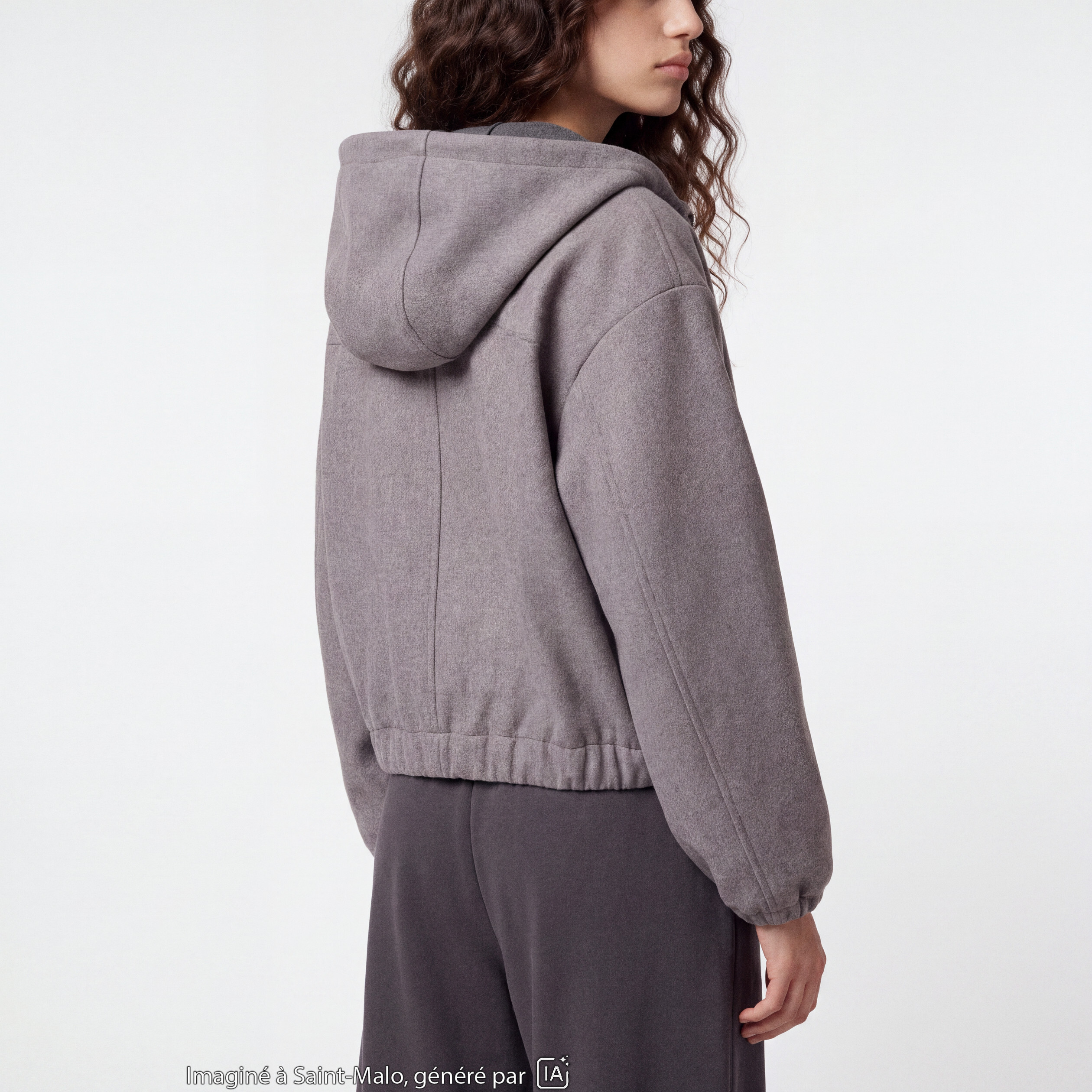 Blouson cropped effet boule &agrave; capuche gris fonc&eacute;
