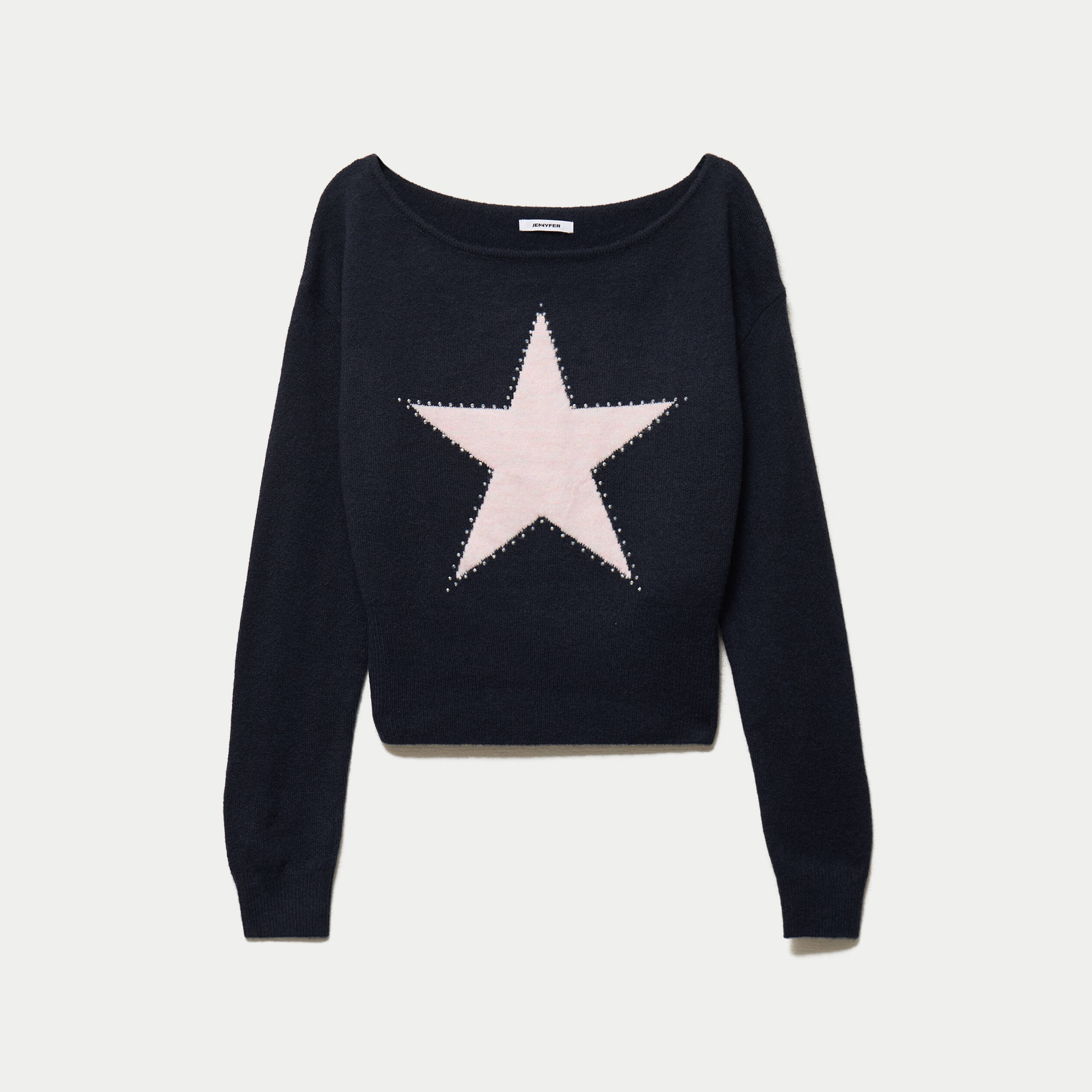 Pull col bateau manches longues strass bleu marine
