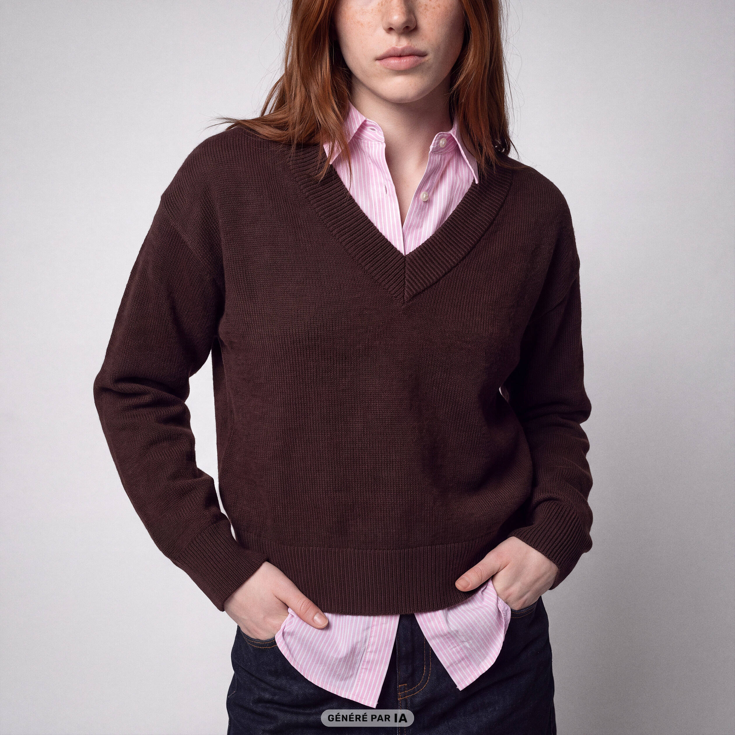 Pull ajust&eacute; d&eacute;collet&eacute; manches longues marron fonc&eacute;