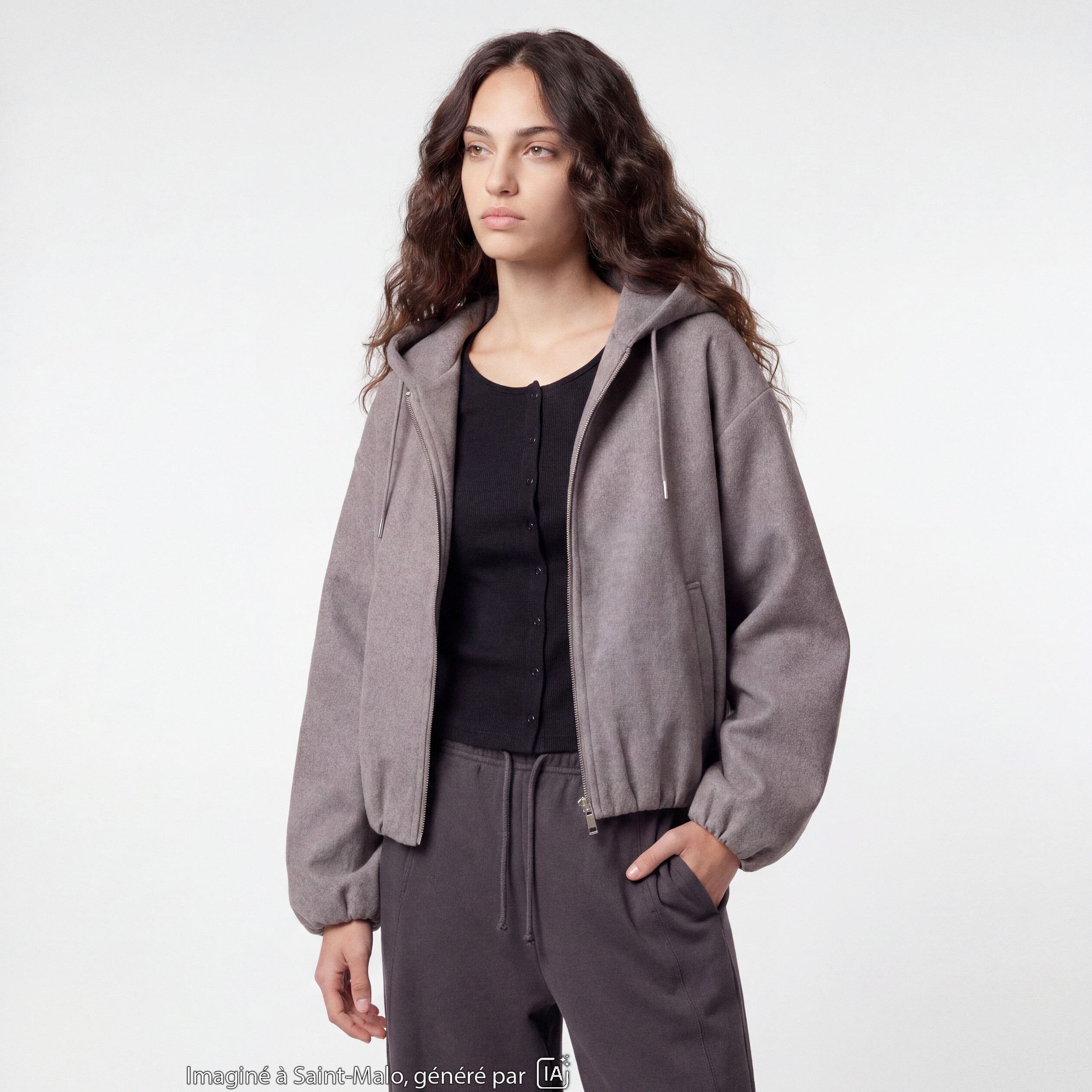 Blouson cropped effet boule &agrave; capuche gris fonc&eacute;