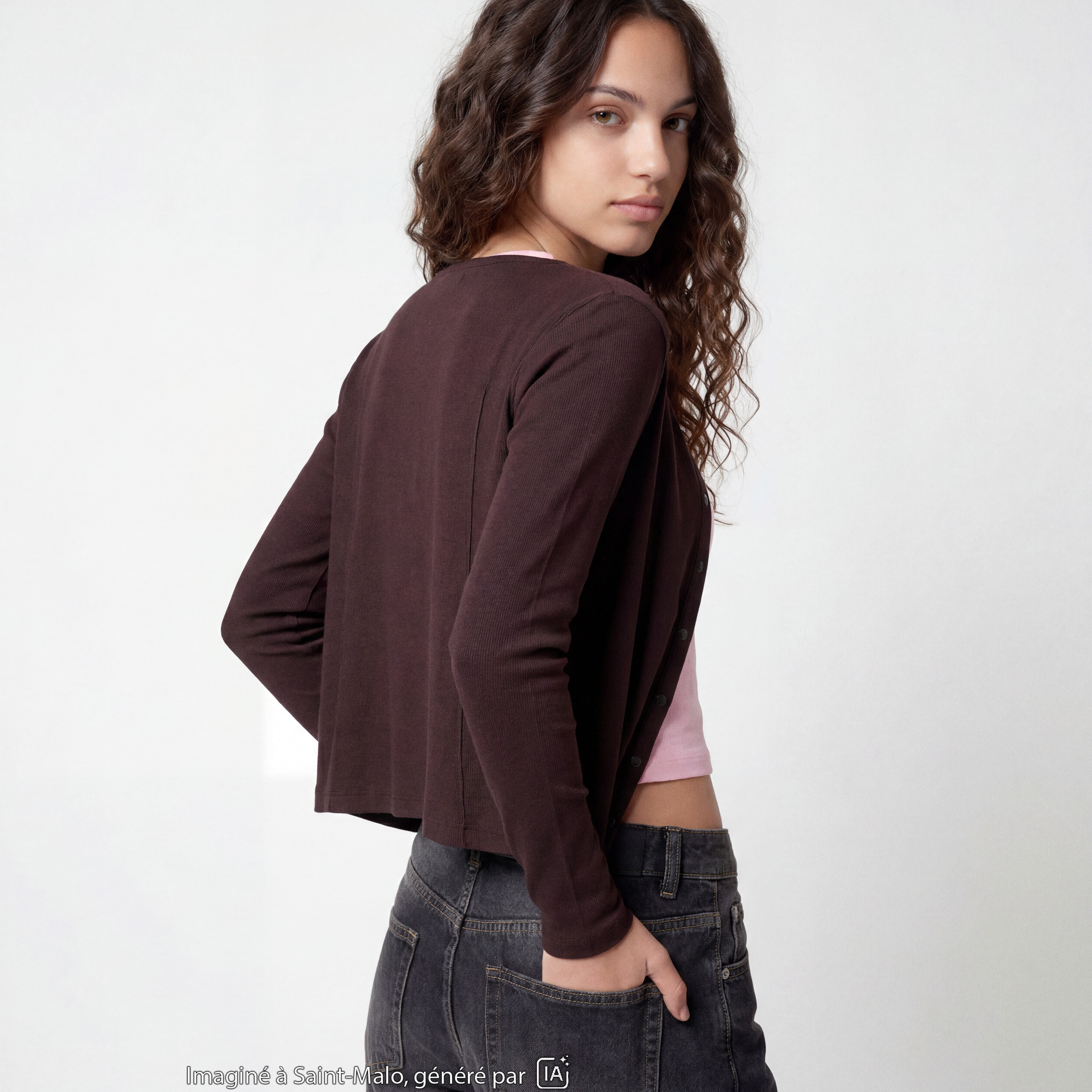 Gilet ajust&eacute; col rond manches longues marron fonc&eacute;