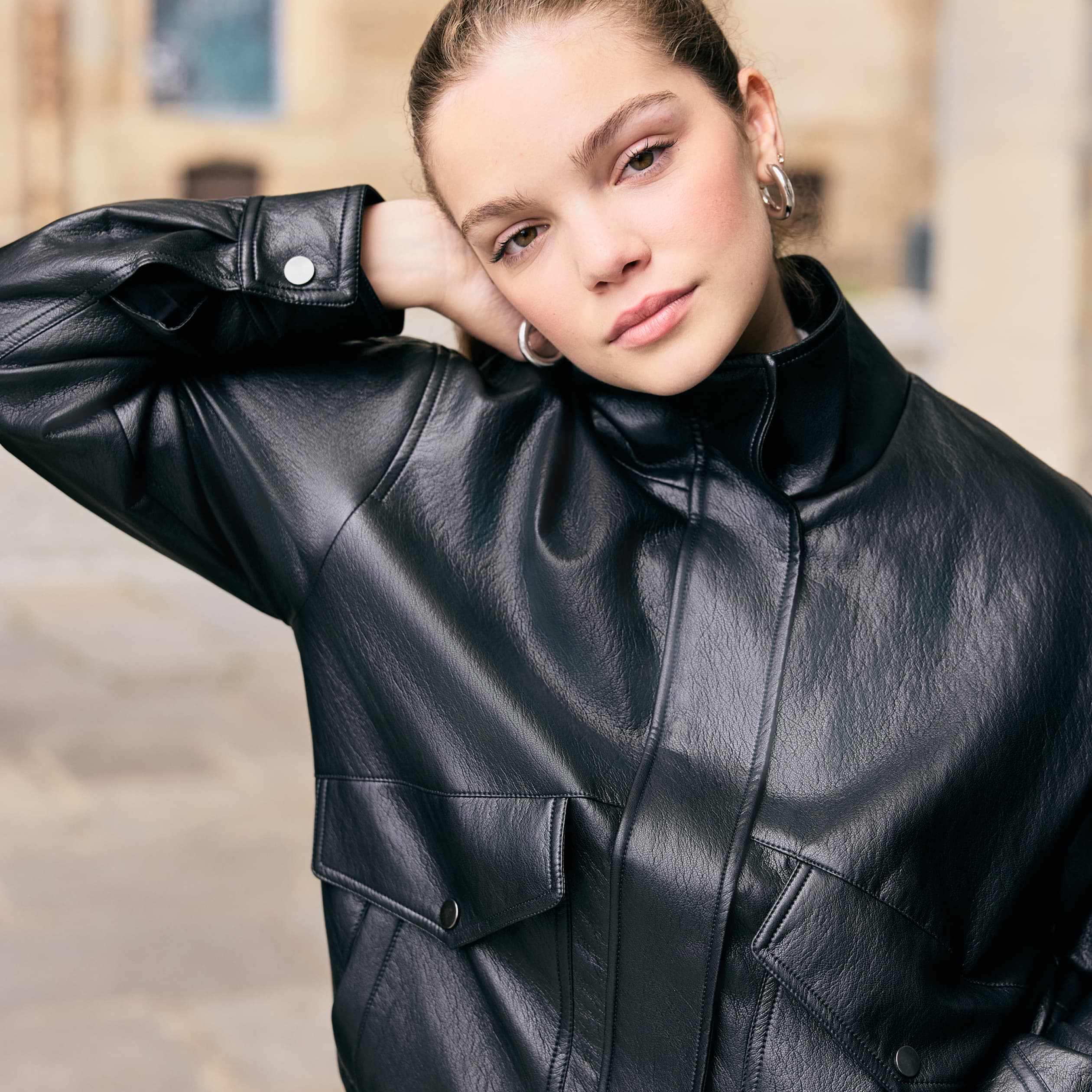 Veste oversize similicuir col biker noir