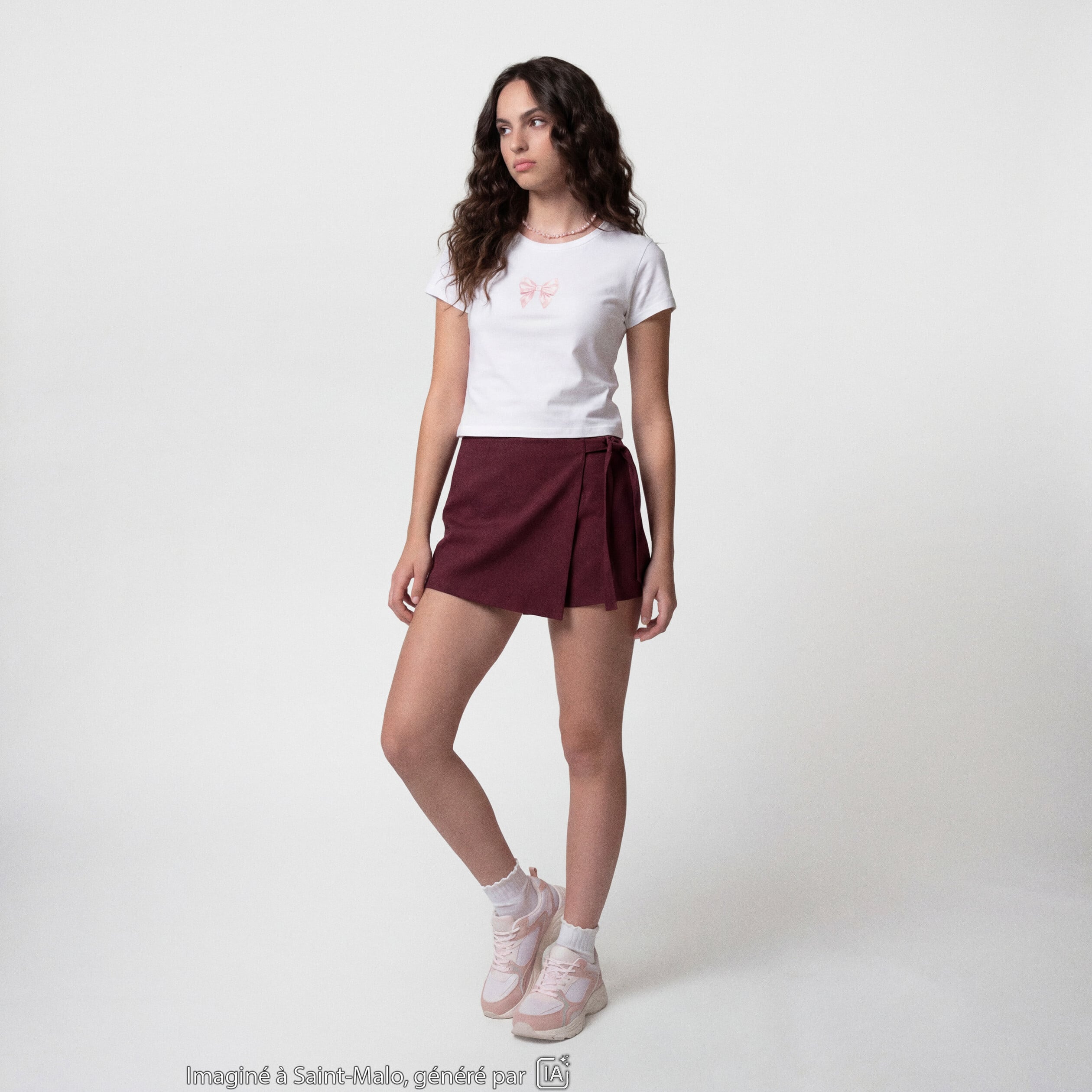 Jupe-short taille haute avec ceinture bordeaux