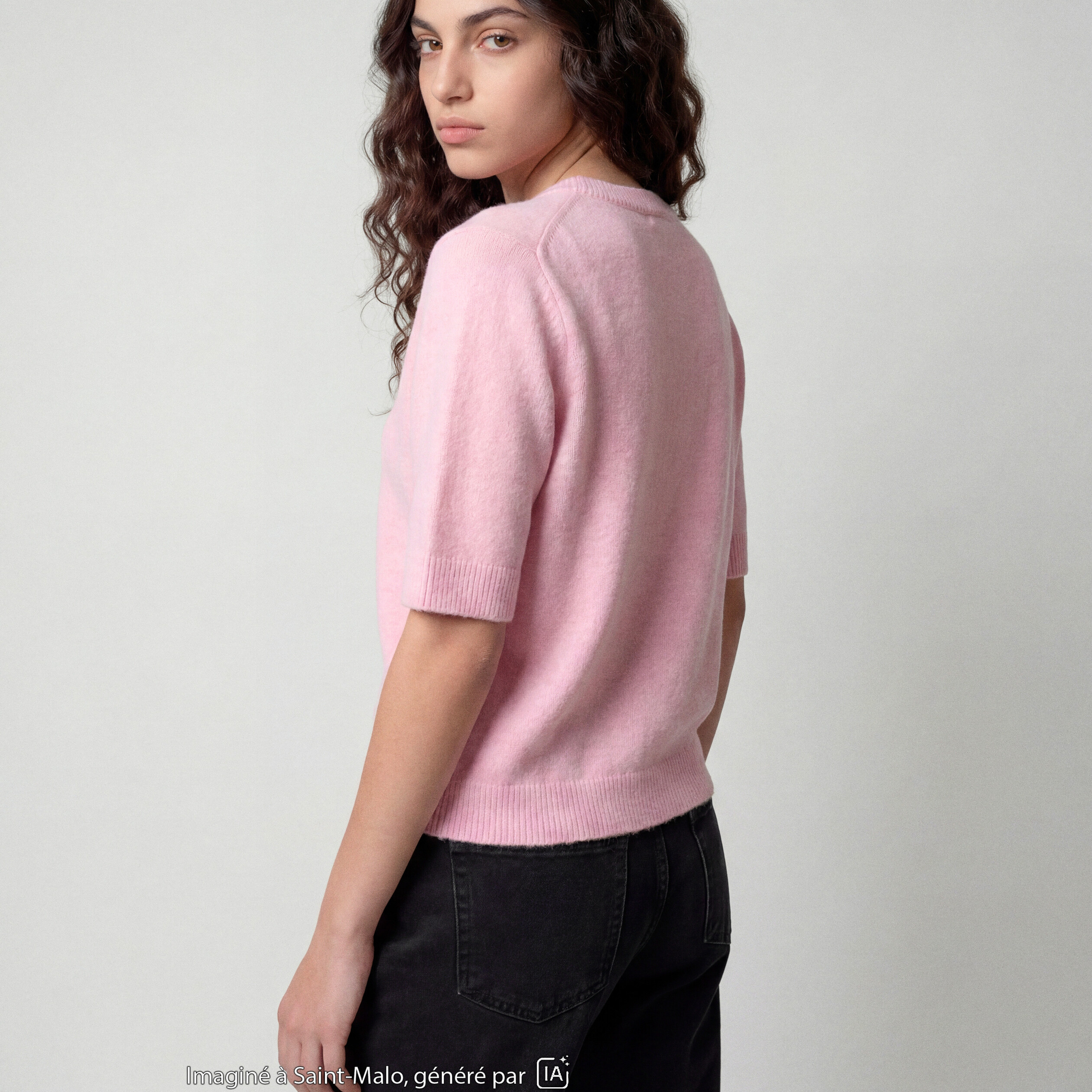 Pull col rond manches courtes rose