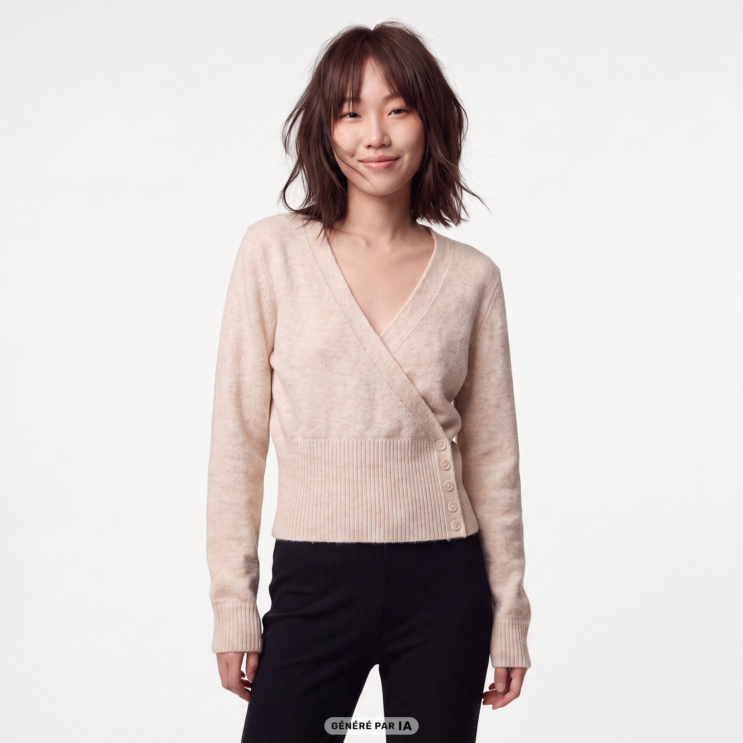 Pull col v manches longues beige