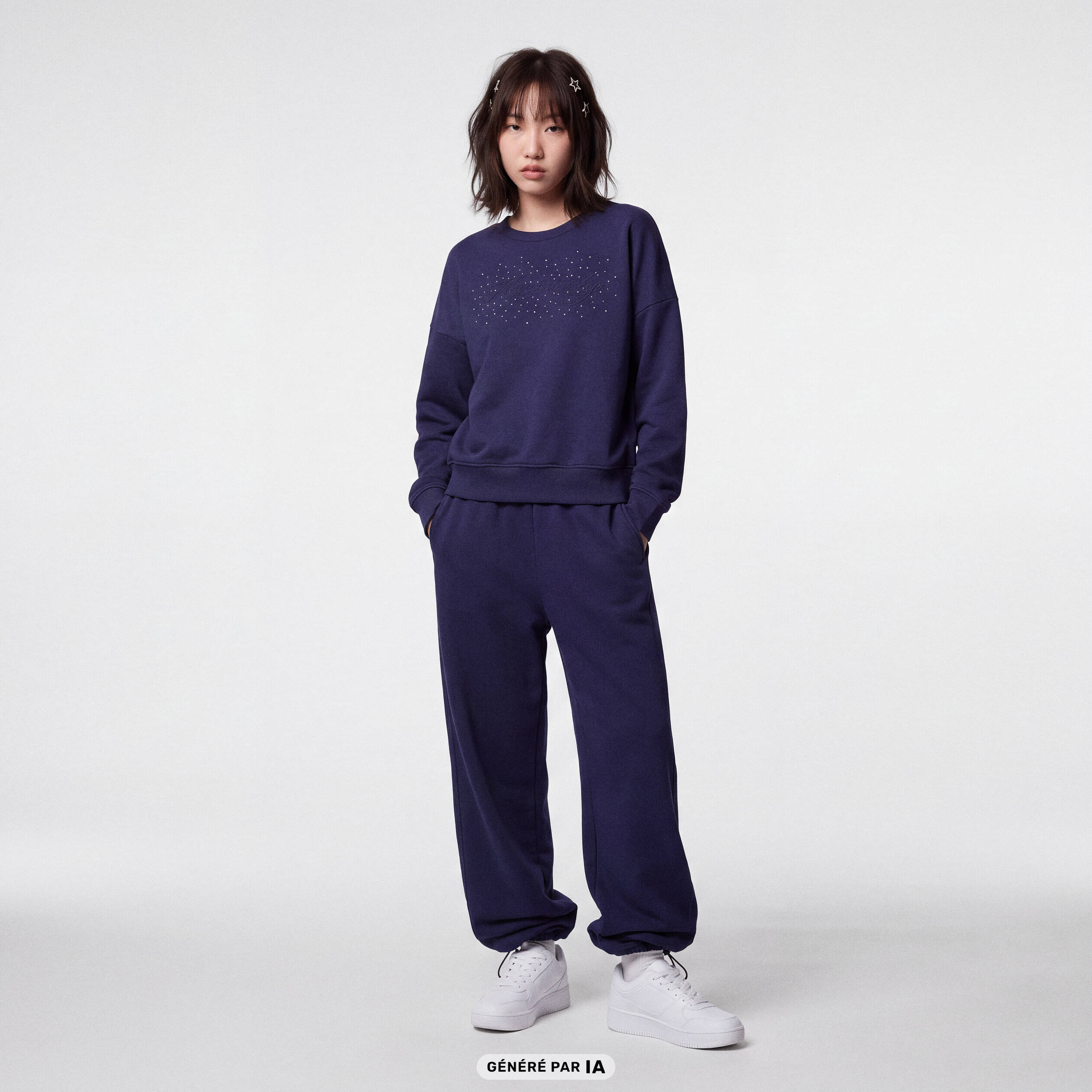 Jogging large &agrave; strass bleu marine