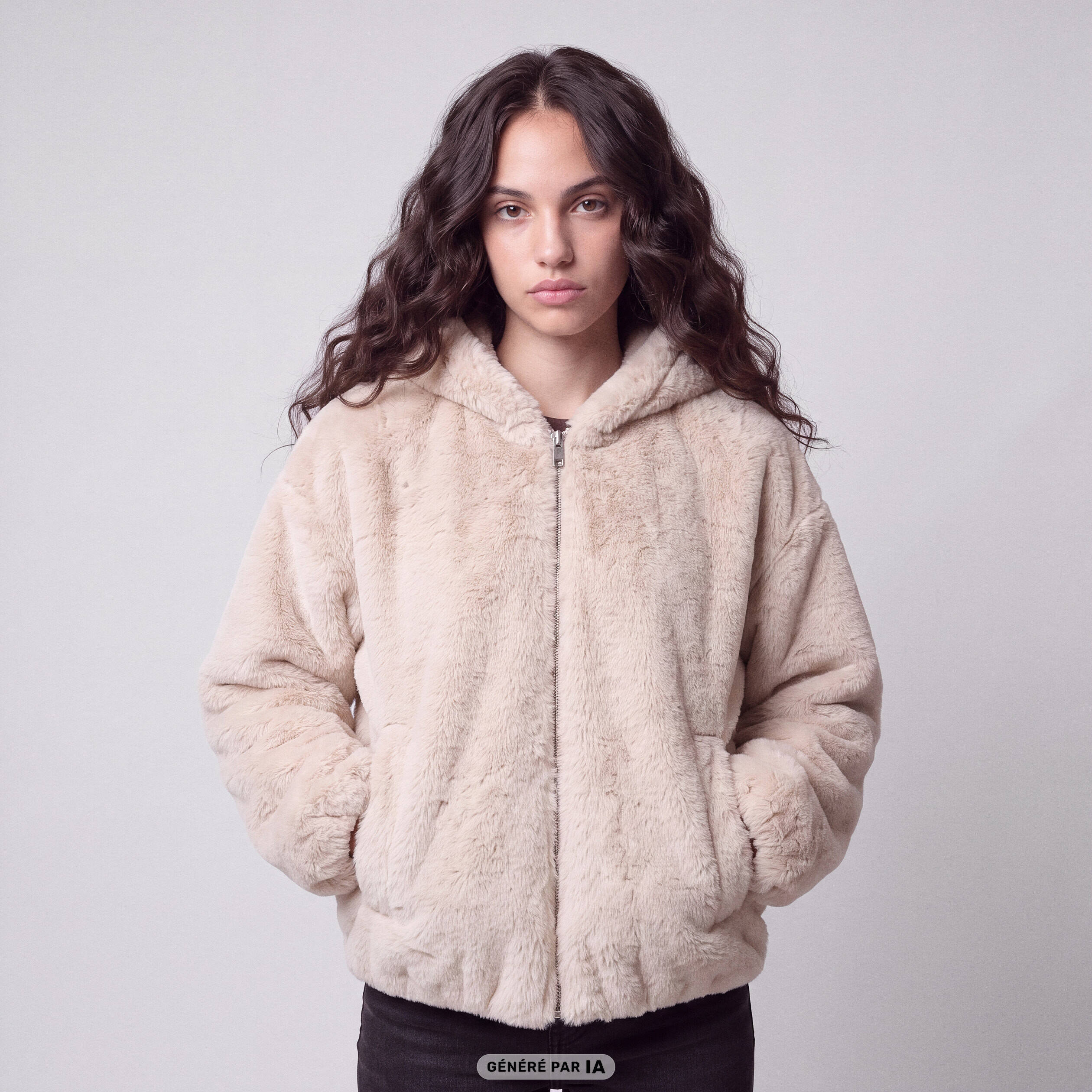 Blouson capuche fausse fourrure ecru