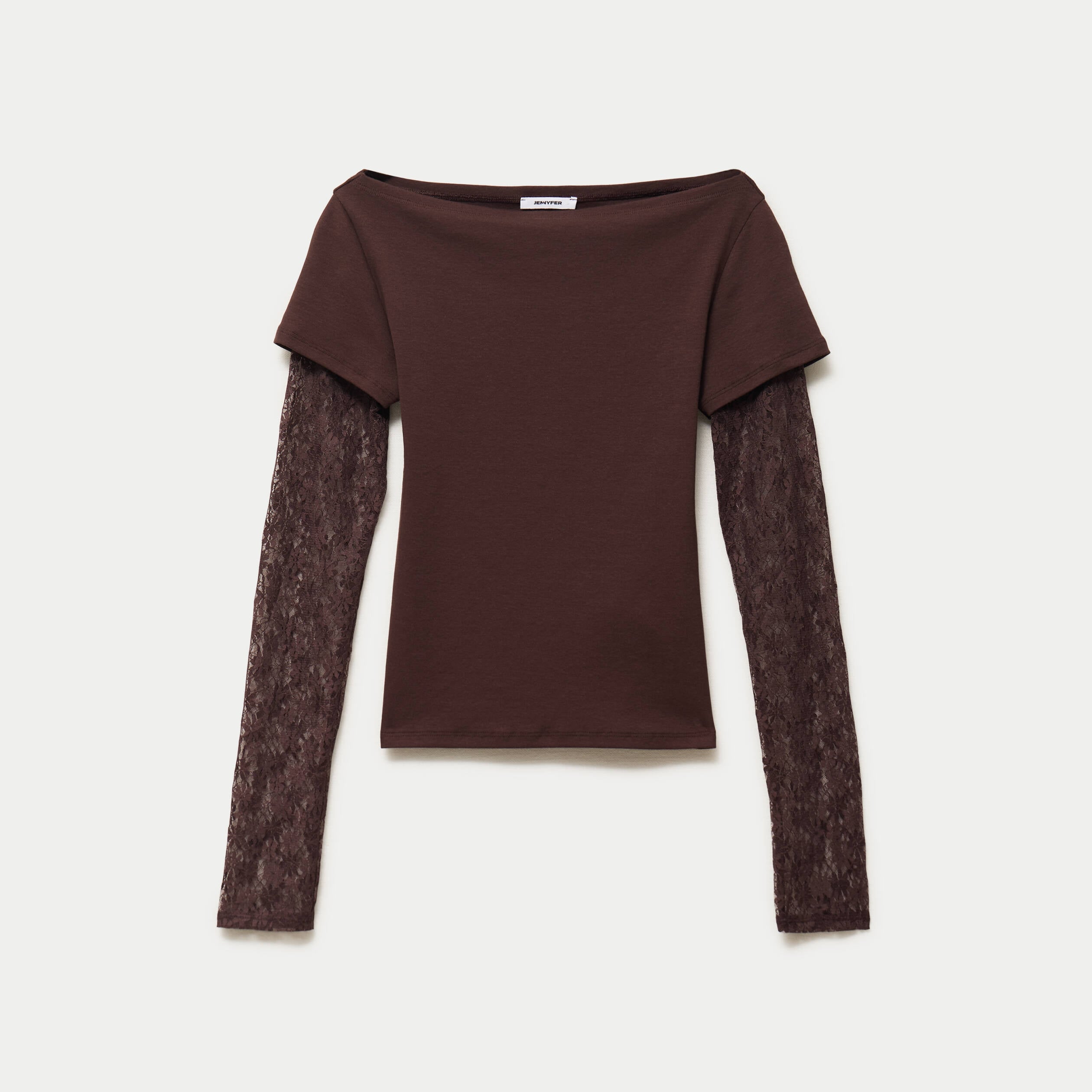 Haut double col bateau manches longues marron fonc&eacute;
