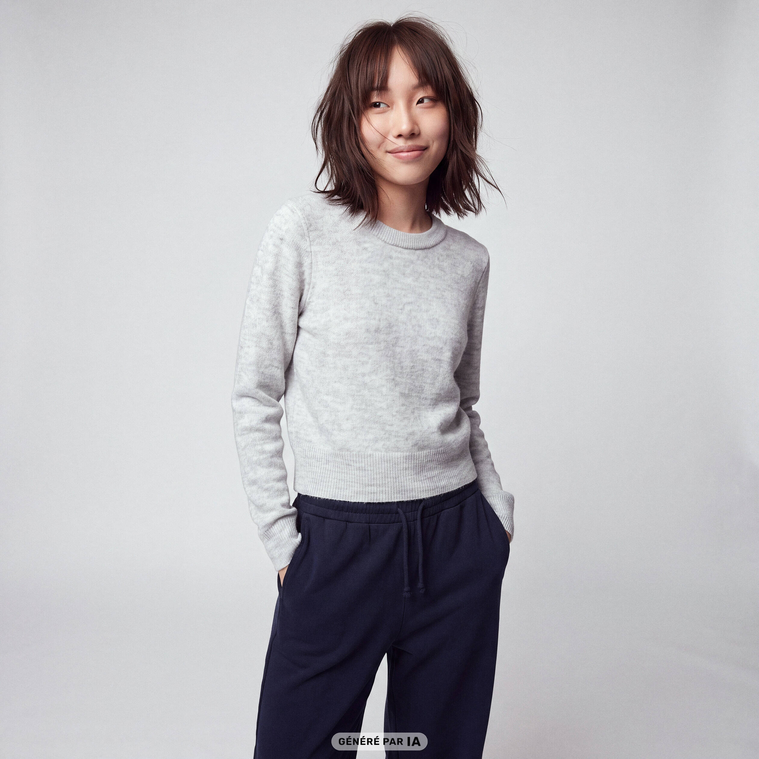 Pull col rond manches longues gris clair