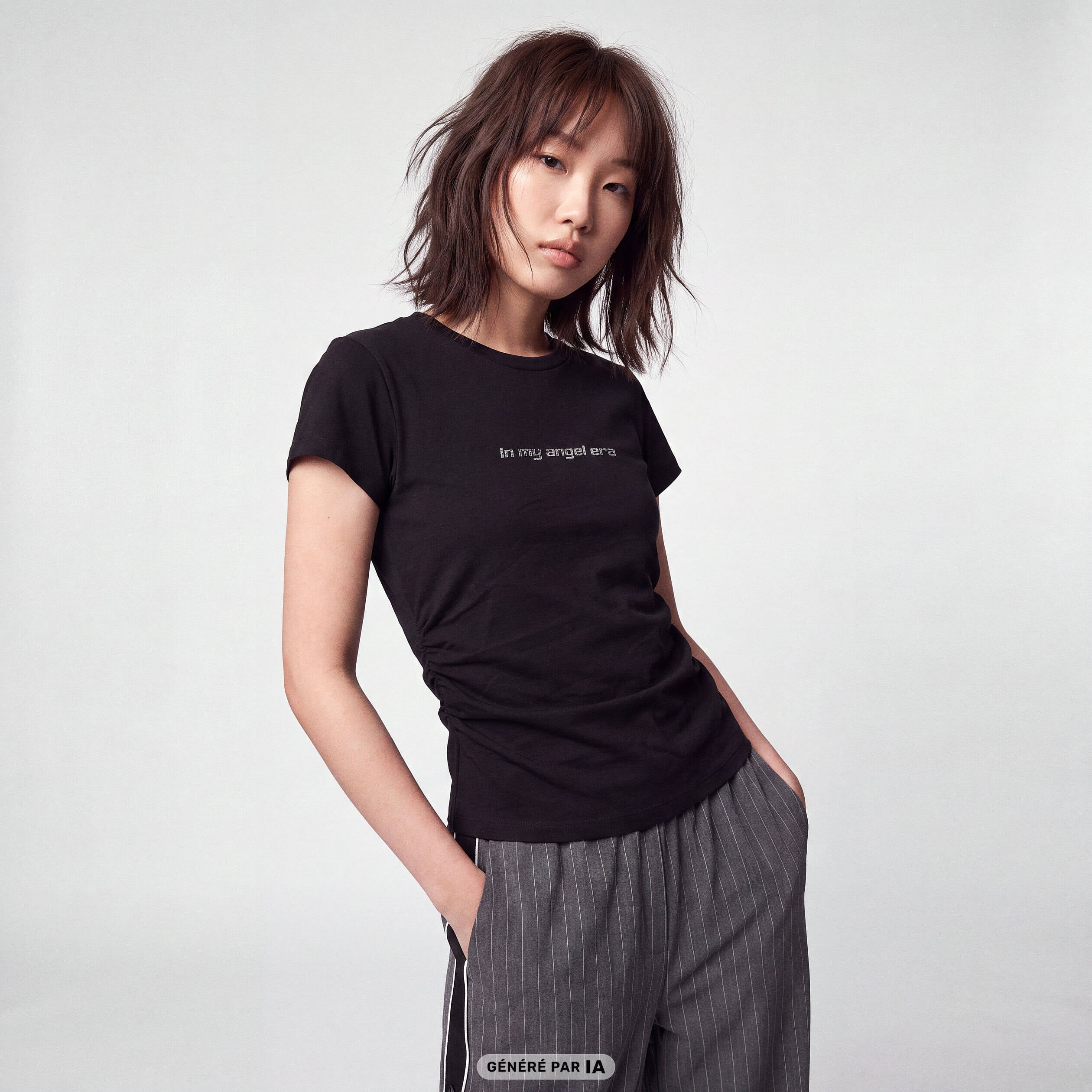 T-shirt cintr&eacute; manches courtes strass noir