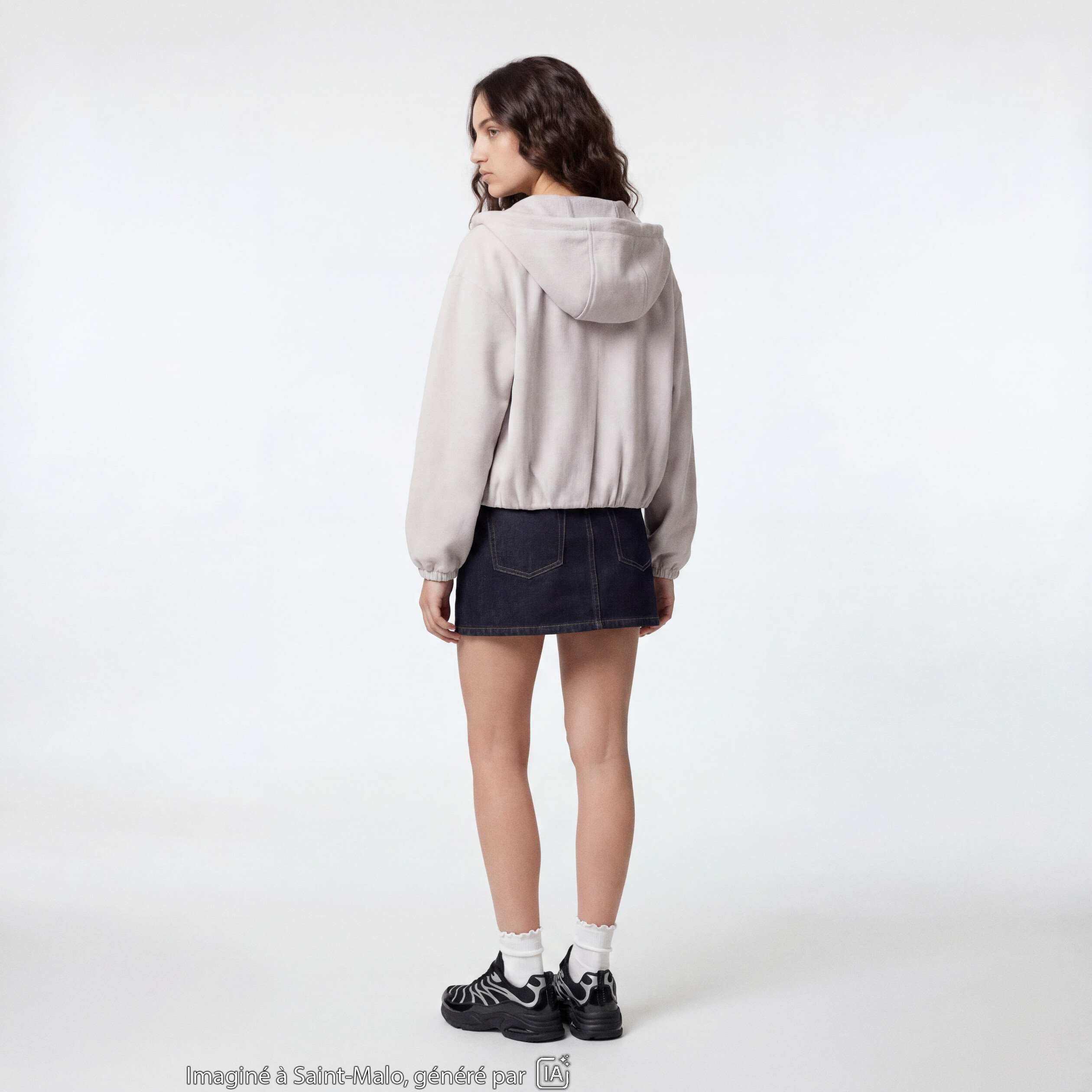Blouson cropped effet boule &agrave; capuche beige