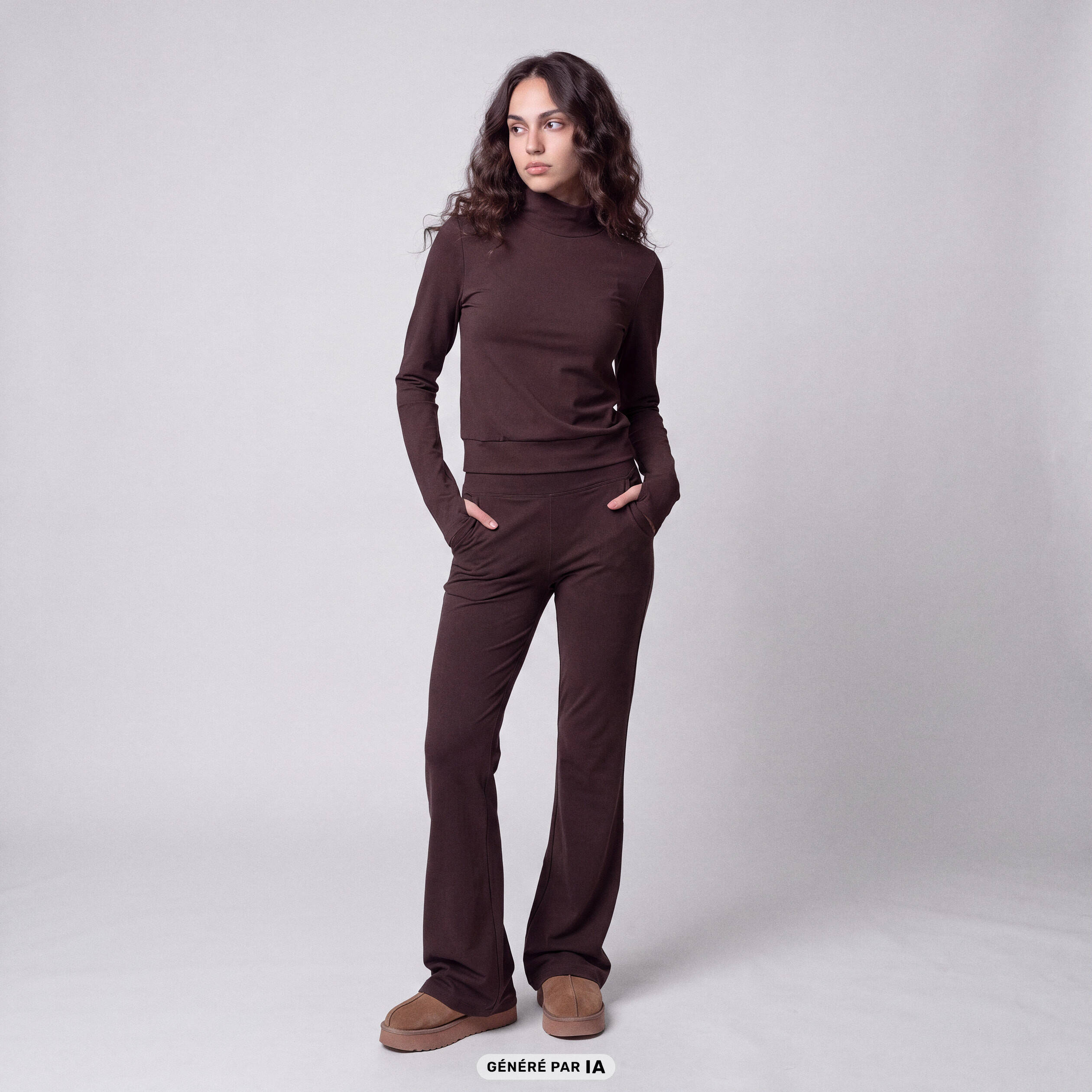 Leggings bootcut taille haute stretch marron fonc&eacute;