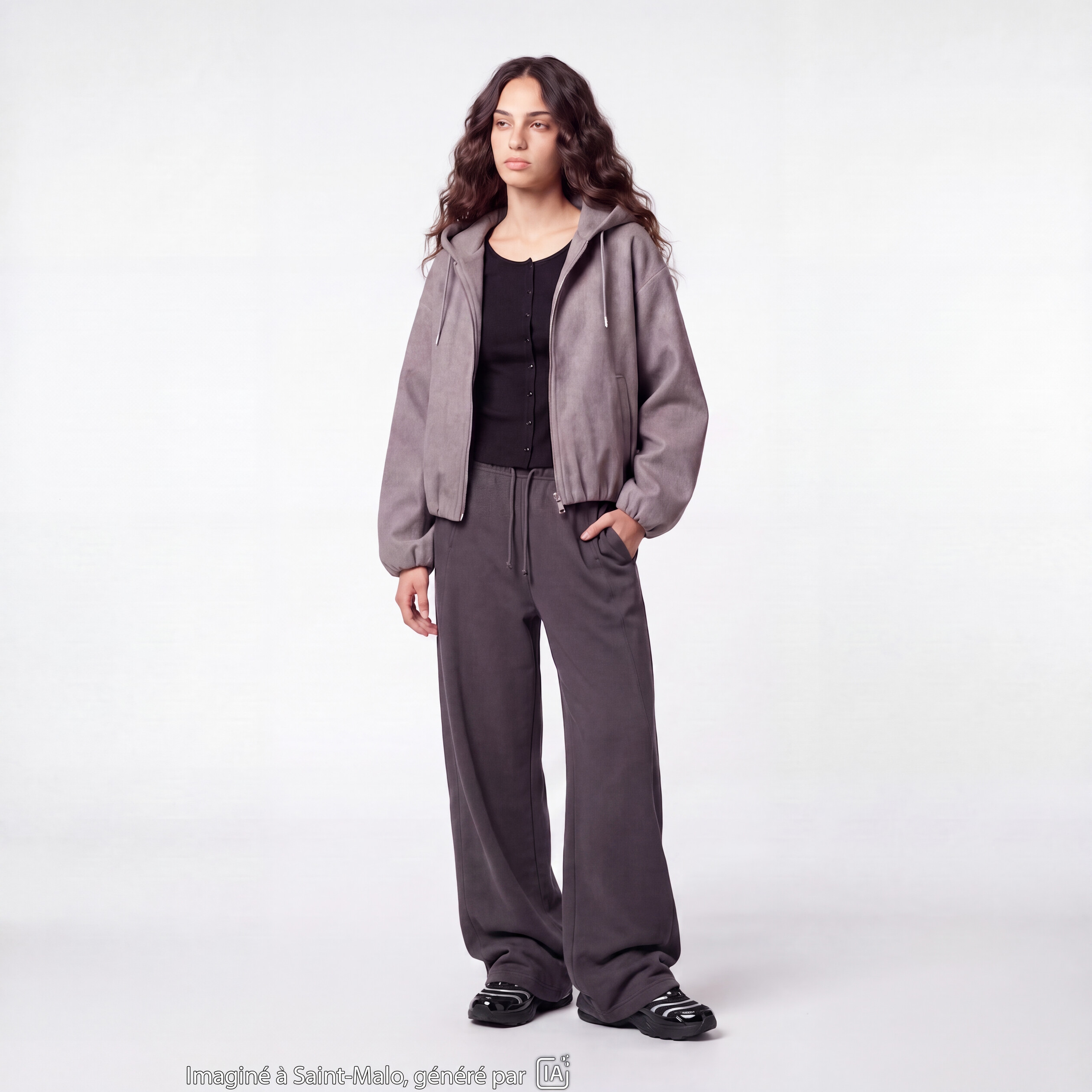 Blouson cropped effet boule &agrave; capuche gris fonc&eacute;