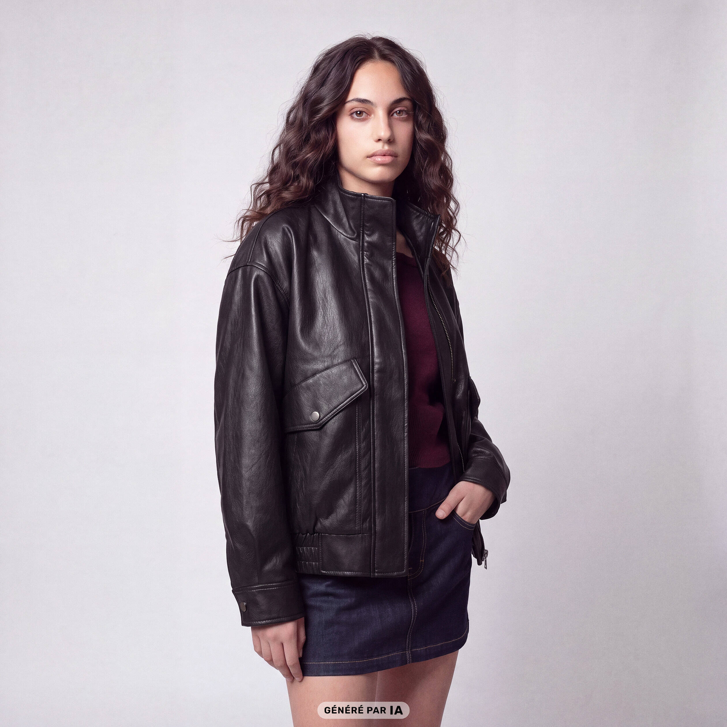 Veste oversize similicuir col biker noir