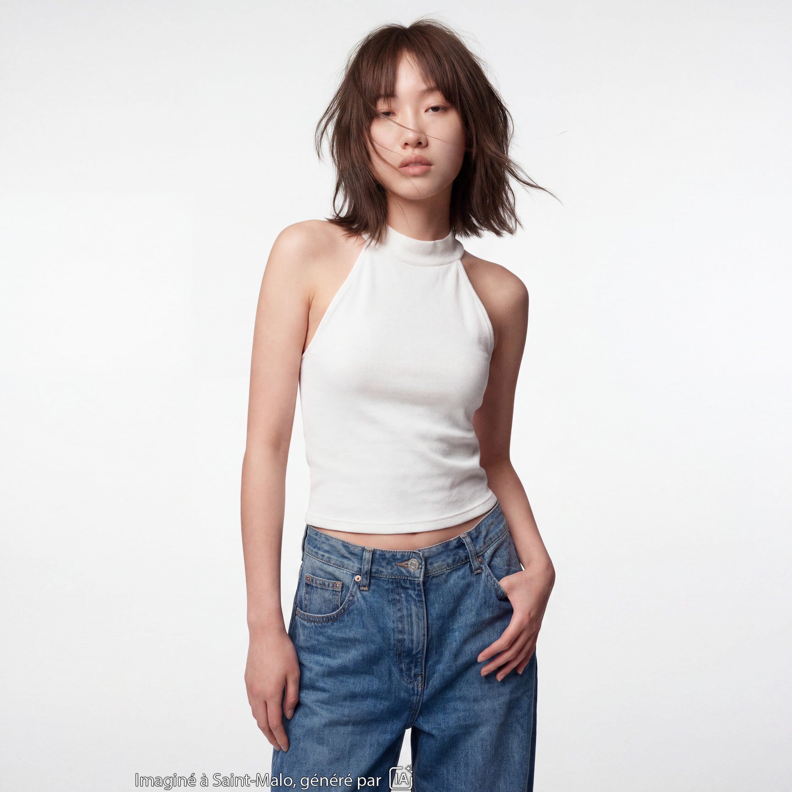 Crop top ajust&eacute; sans manches brillant ecru