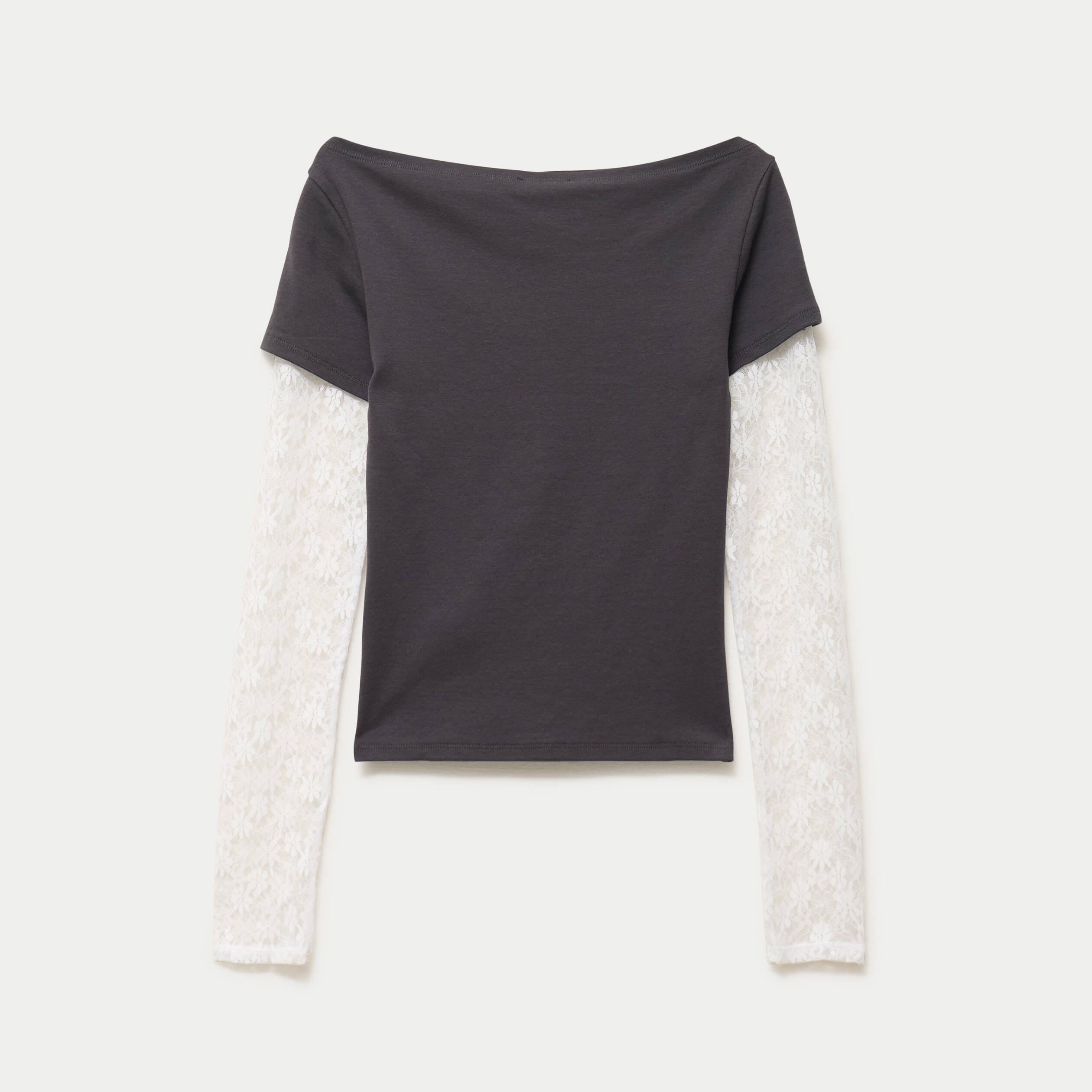 Haut double col bateau manches longues gris